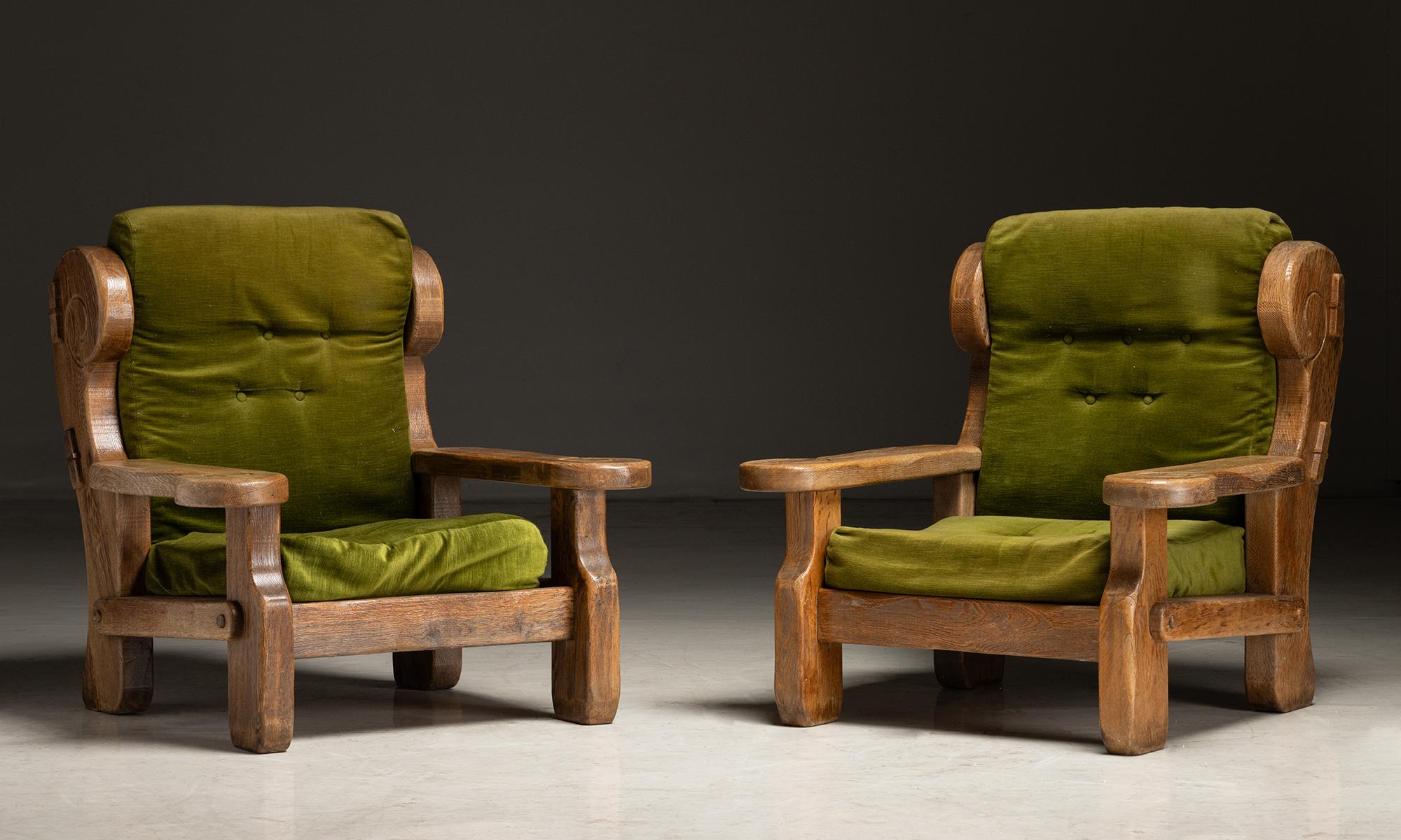 Oversized Oak Armchairs, France circa 1970 In Fair Condition For Sale In Culver City, CA