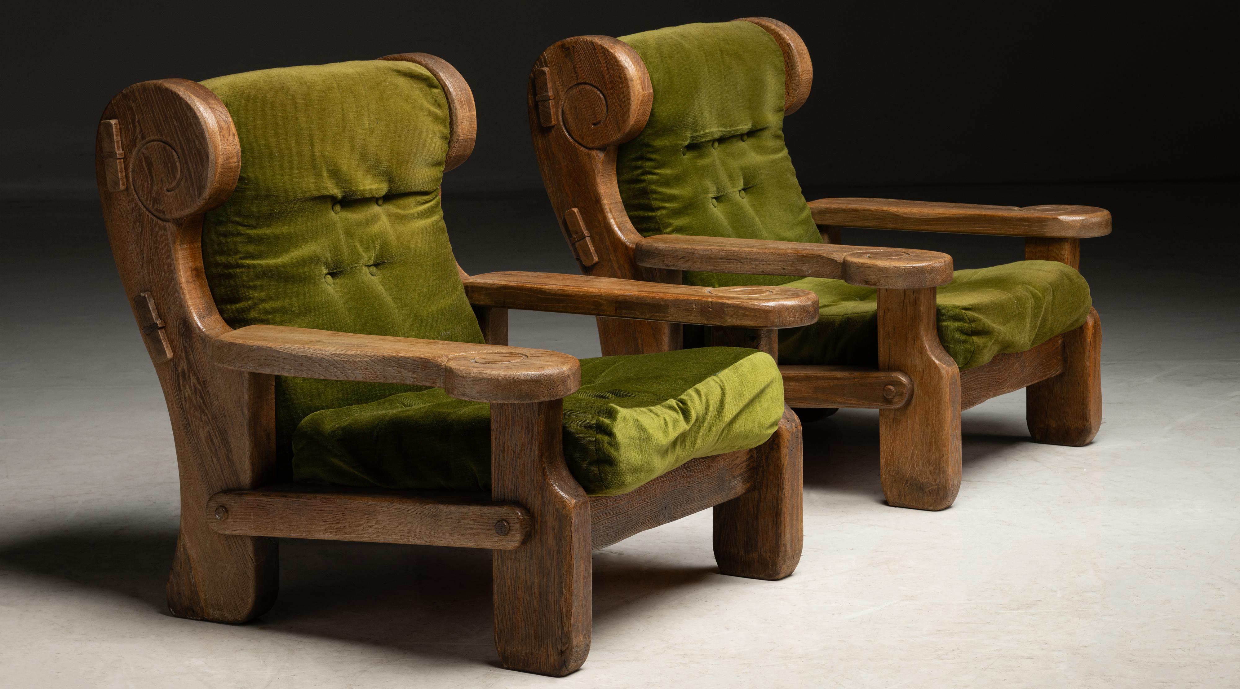Late 20th Century Oversized Oak Armchairs, France circa 1970 For Sale
