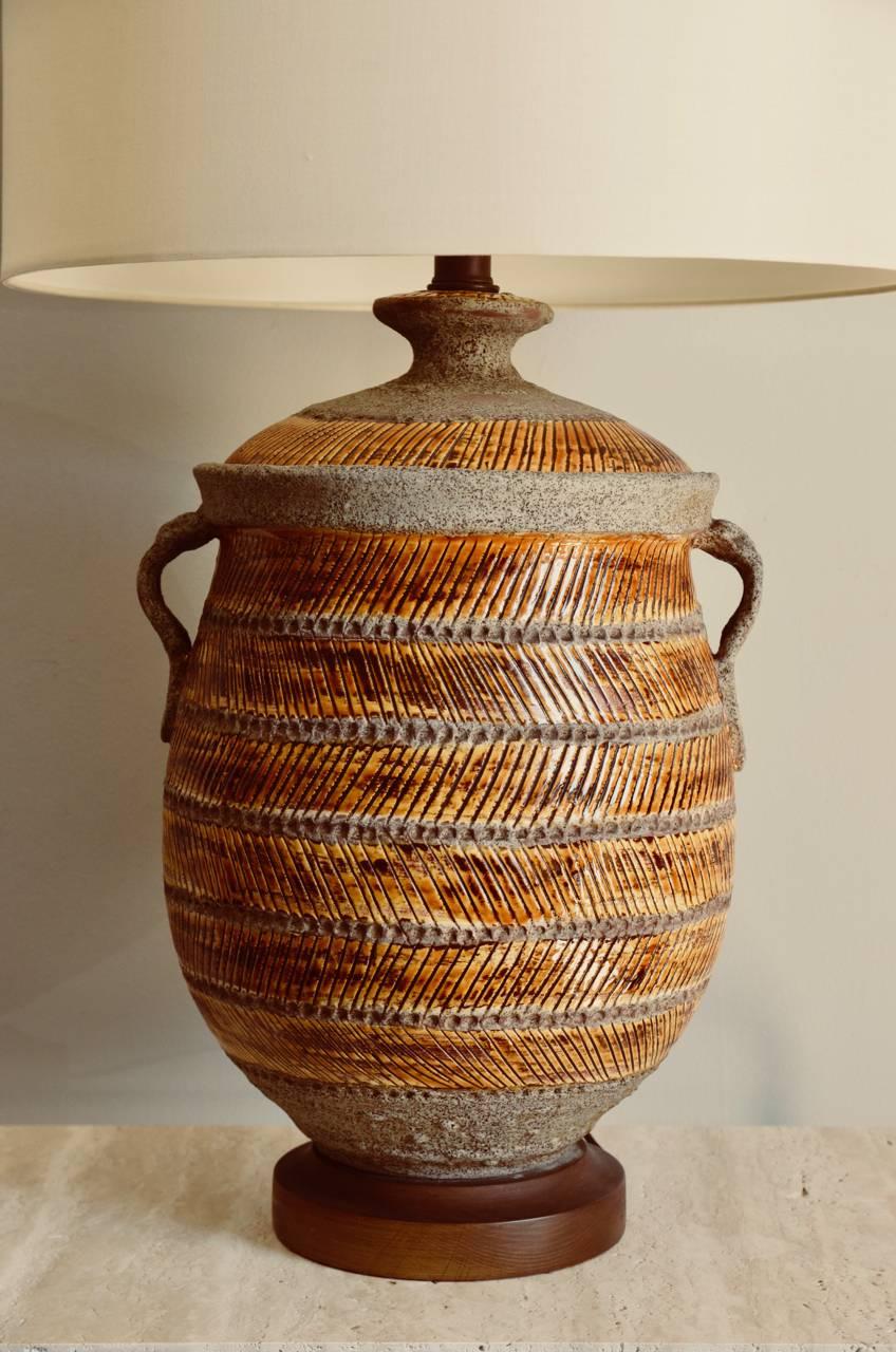 Neoclassical Revival Oversized Ochre Glazed Ceramic Urn Lamp