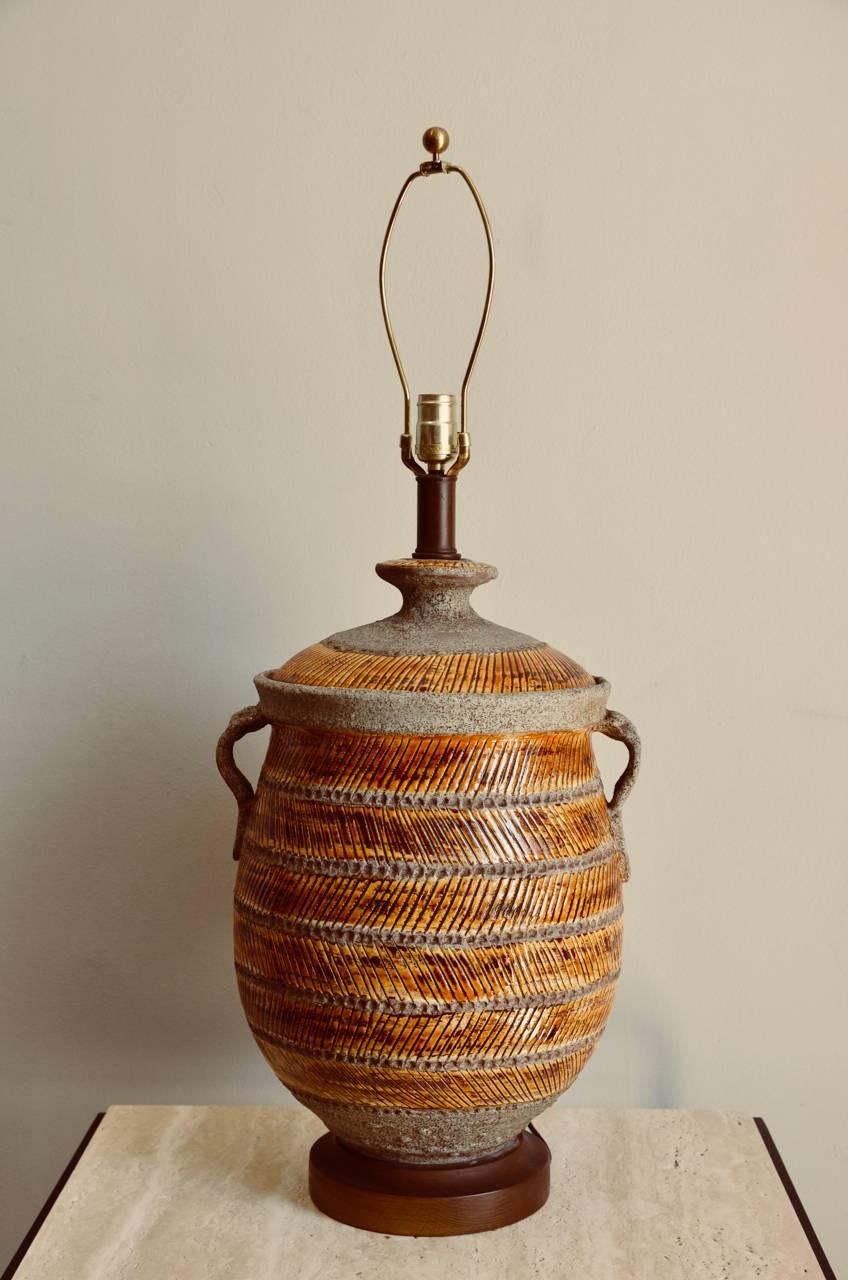 Oversized Ochre Glazed Ceramic Urn Lamp In Excellent Condition In Los Angeles, CA