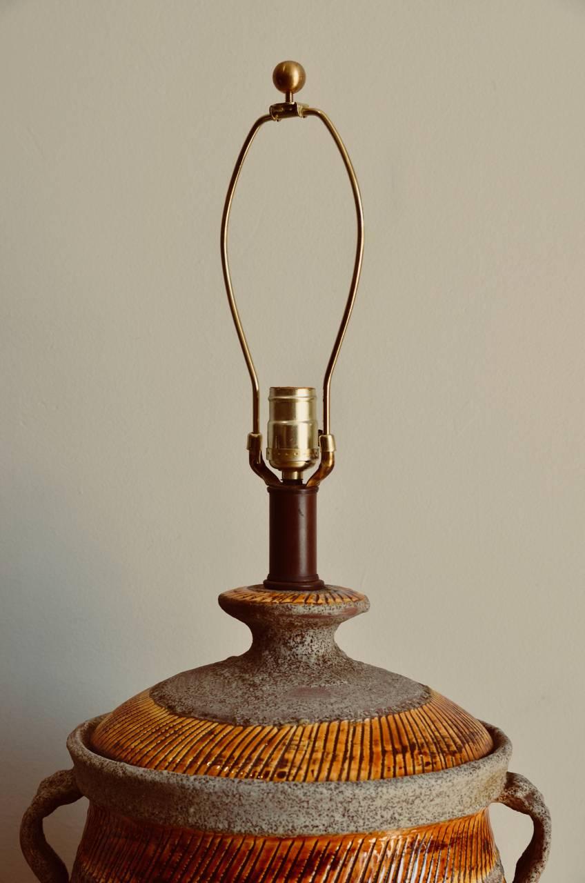 Mid-20th Century Oversized Ochre Glazed Ceramic Urn Lamp