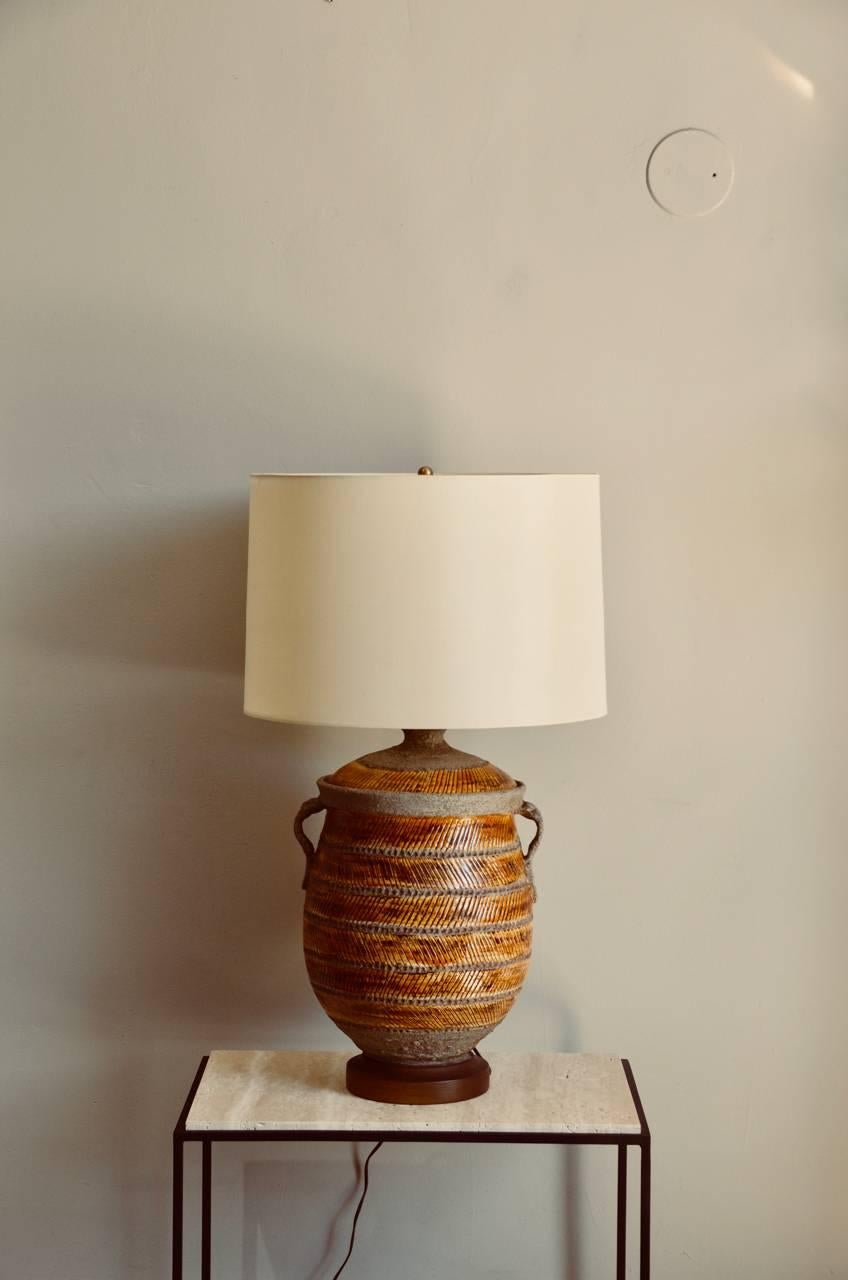 Brass Oversized Ochre Glazed Ceramic Urn Lamp
