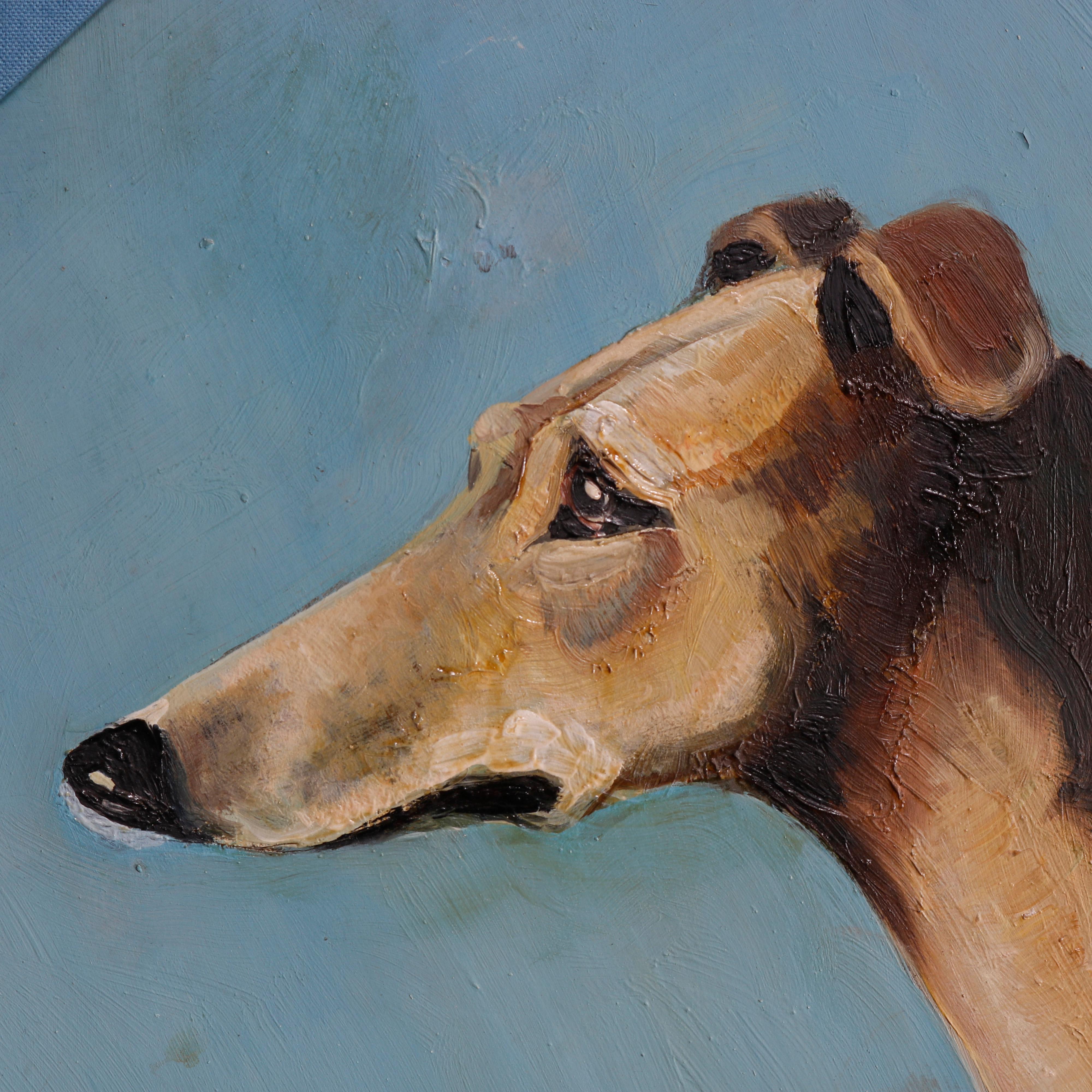 A large oil on board canine portrait painting of Greyhound or Whippet in countryside setting signed MC Littleboy lower right, seated in clipped corner octagonal mahogany frame, 20th century.

Measures: 47.5