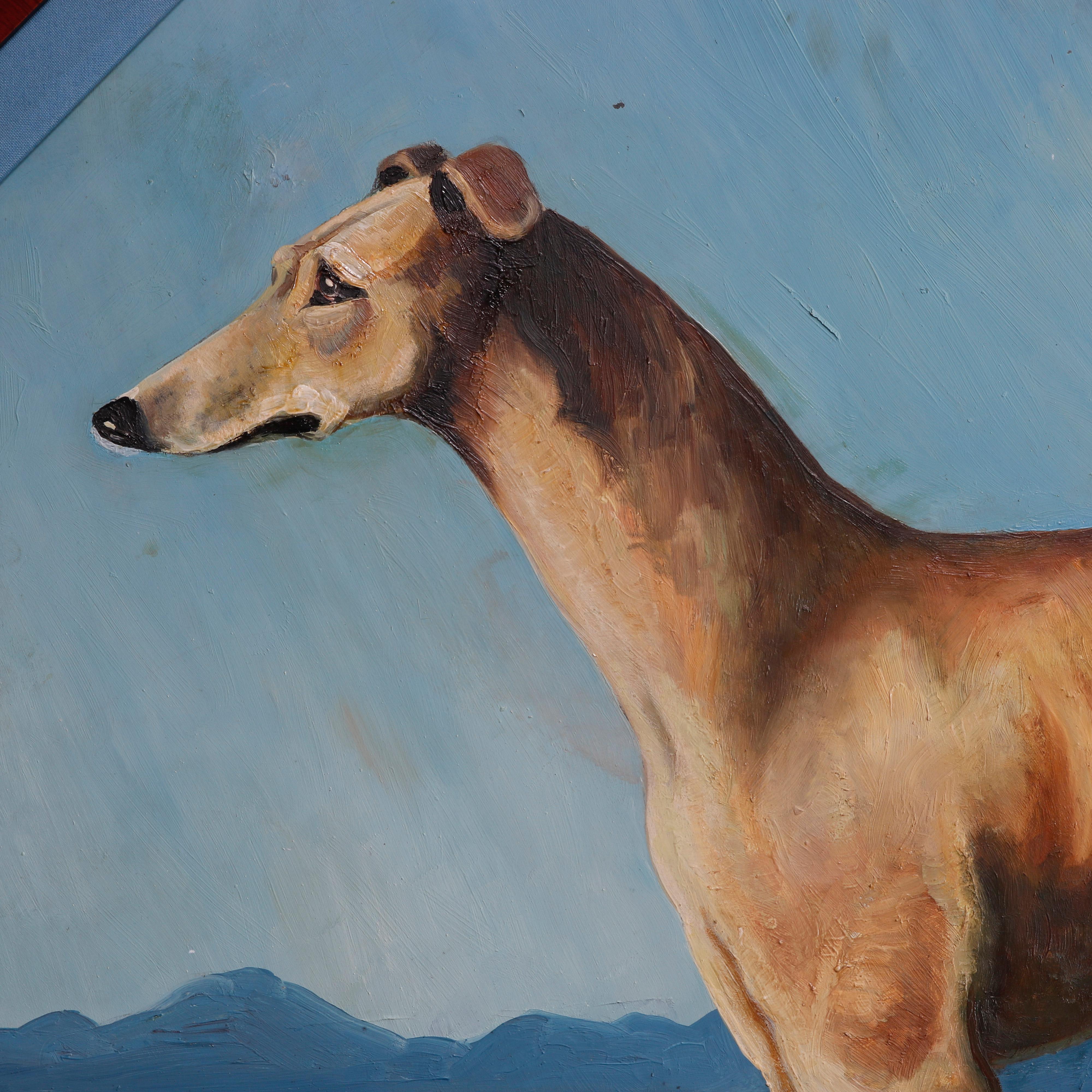 European Oversized Oil on Board Dog Portrait Painting of Greyhound, Artist Signed