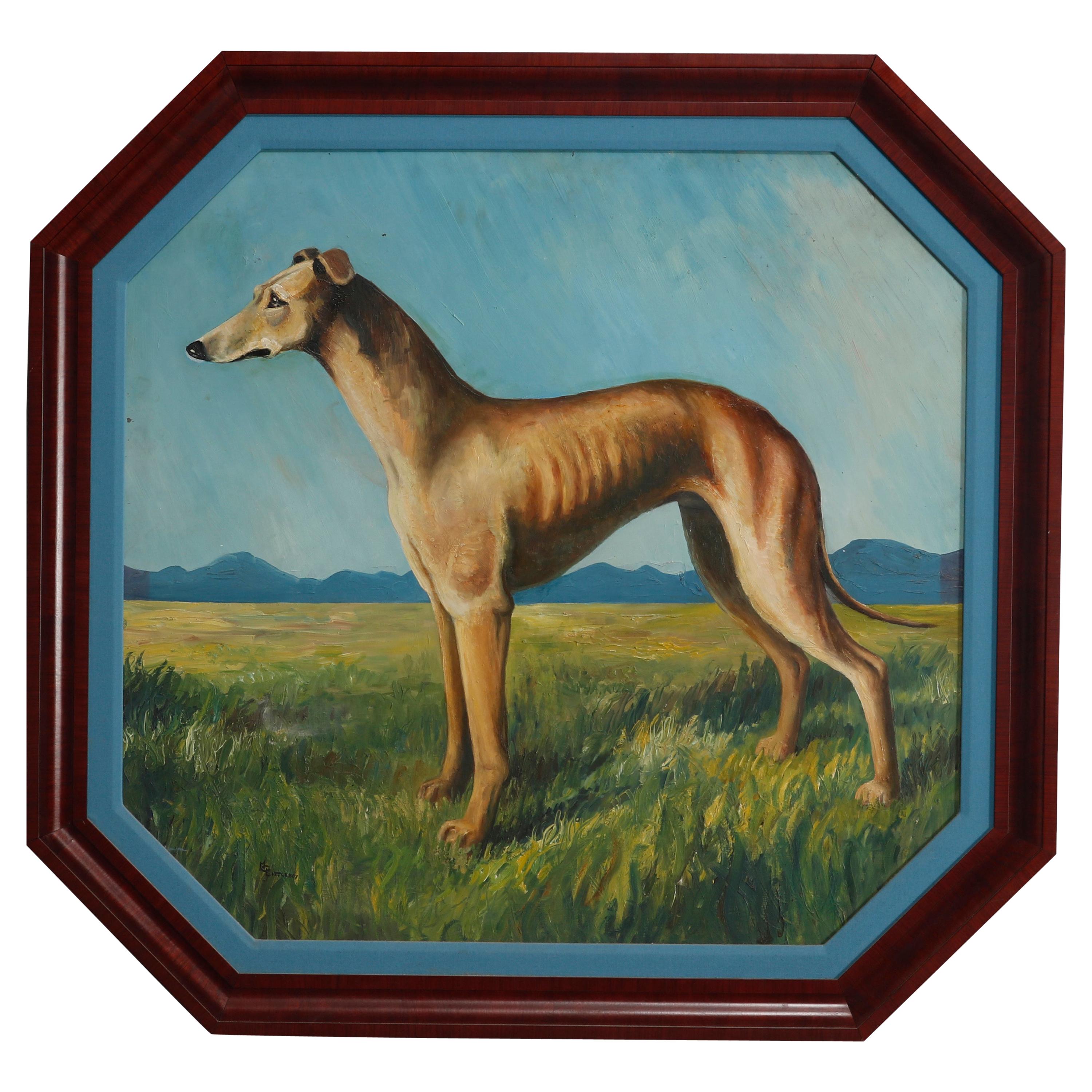 Oversized Oil on Board Dog Portrait Painting of Greyhound, Artist Signed
