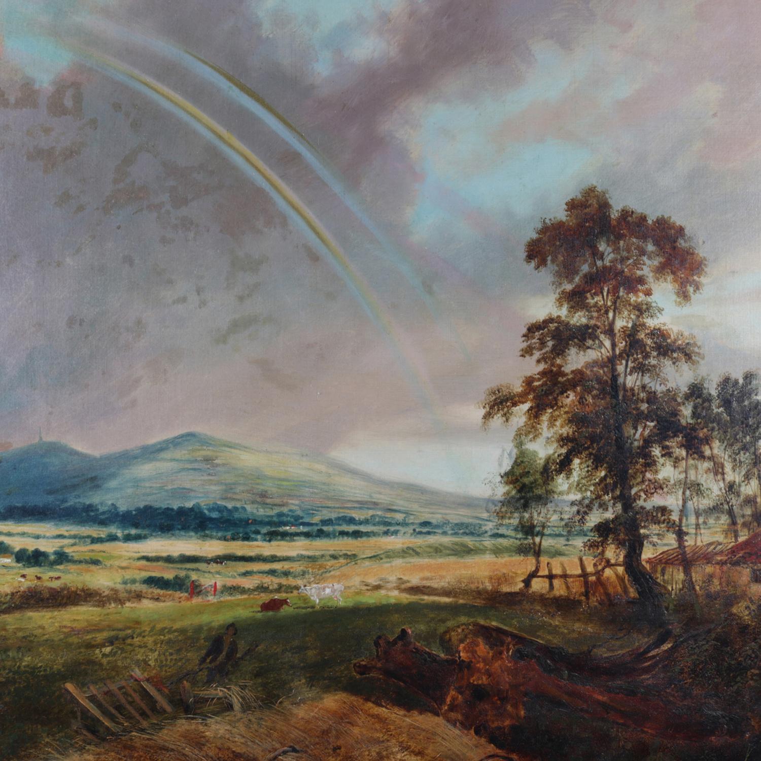 Oversized Hudson River School oil on canvas painting features landscape scene with mountainous background, foreground of fields with workers, cattle and rainbow, seated in giltwood frame, circa 1850

Measures: 38