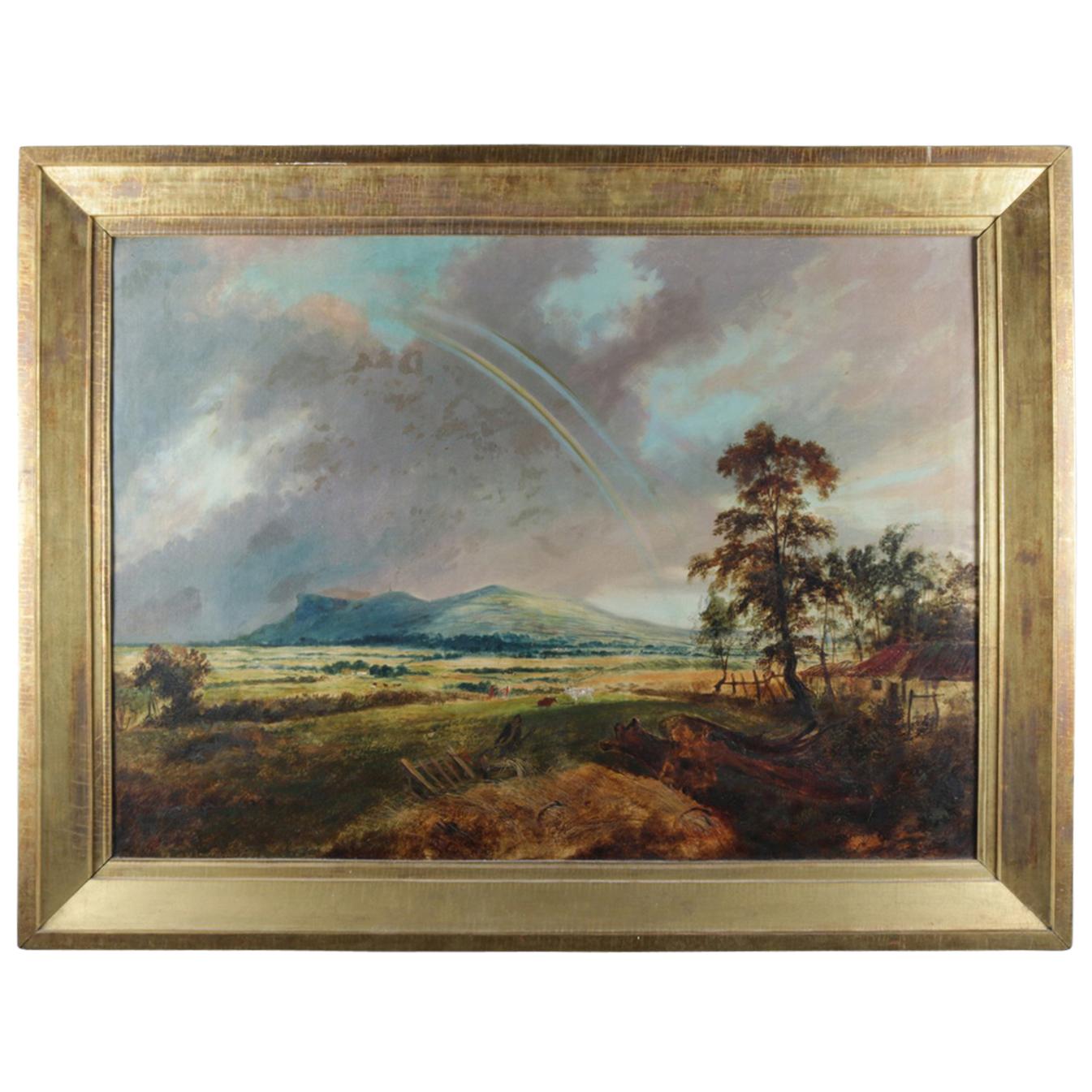 Oversized Oil on Canvas Hudson River School Rainbow Landscape Painting