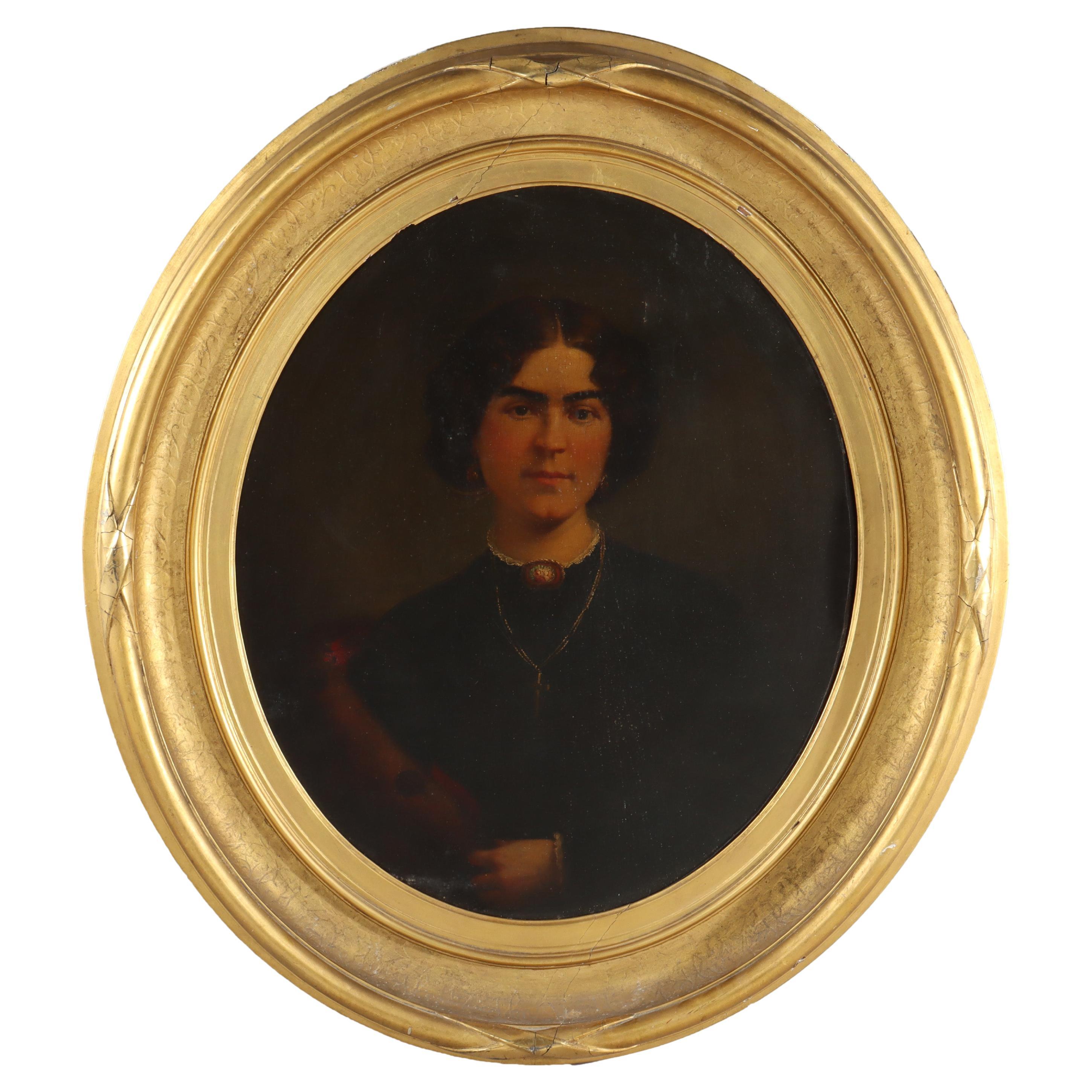 Óleo Sobre Lienzo De Gran Tamaño Retrato De Una Mujer Española, 1er Acabado Giltwood, c1880