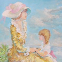 Oversized Oil On Canvas Scenic Portrait Painting Of A Mother & Daughter 20thC