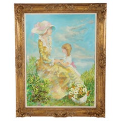 Oversized Oil On Canvas Scenic Portrait Painting Of A Mother & Daughter 20thC