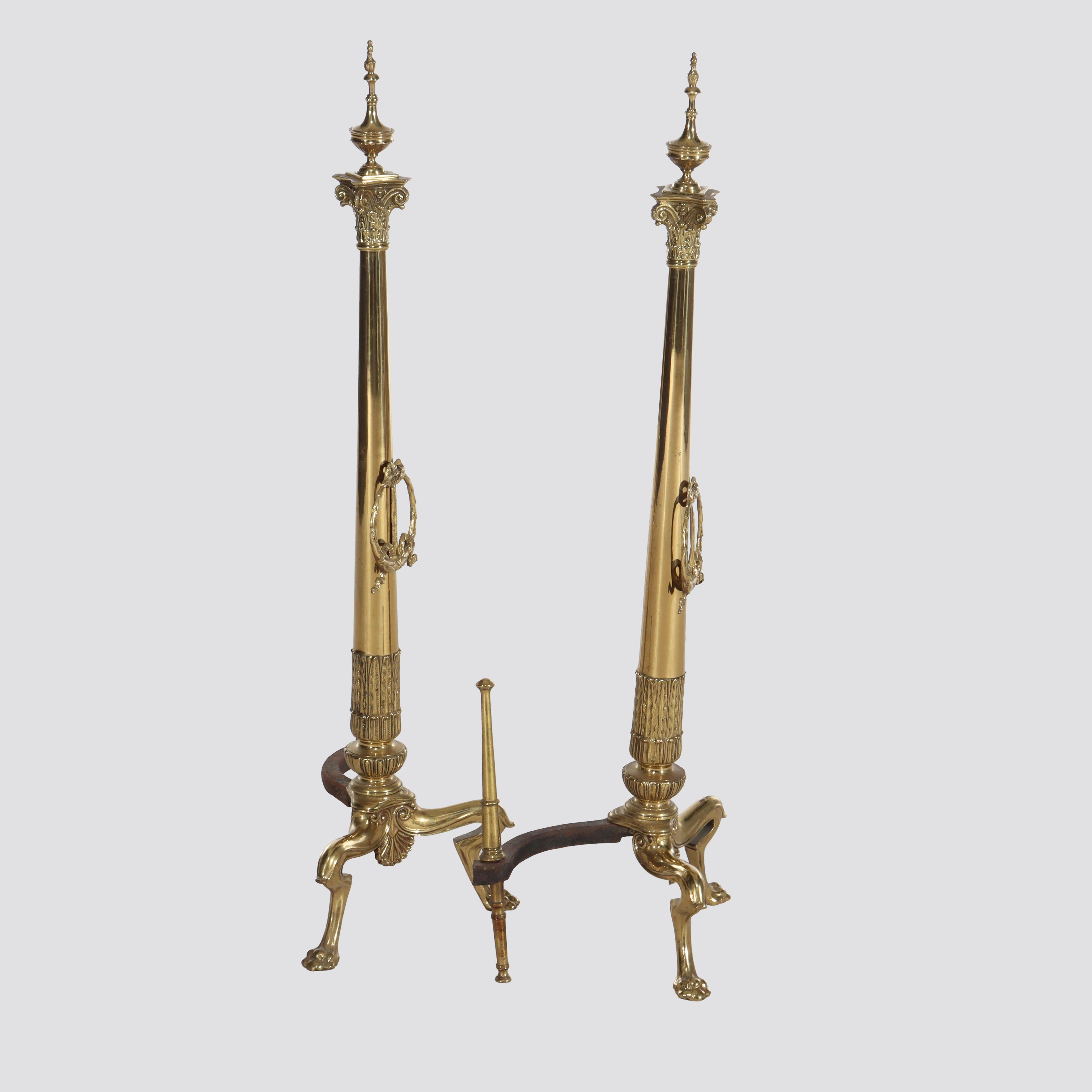 Paire de chenets de cheminée en laiton de style Empire français 19ème siècle en vente 1