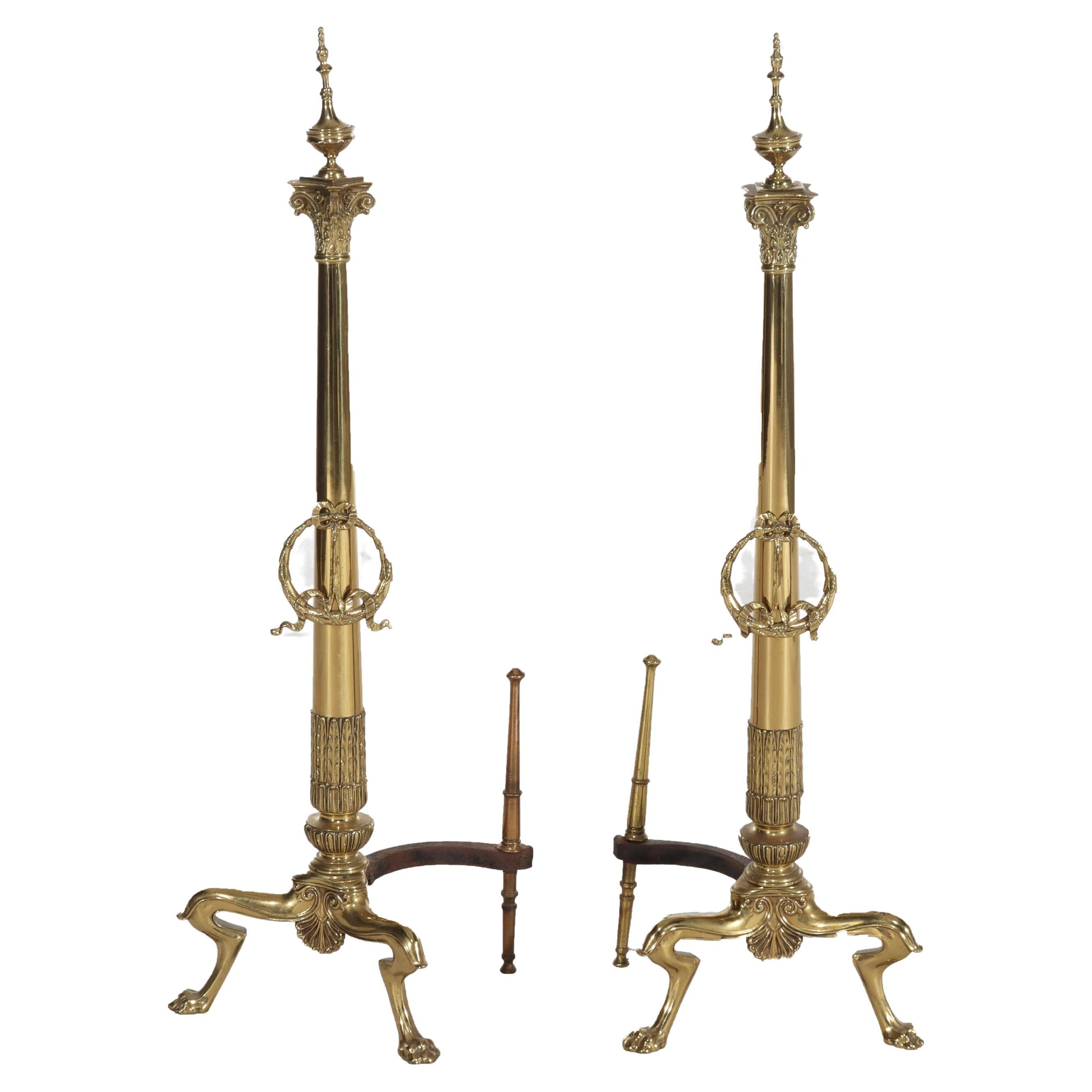 Oversized Pair Of Antique French Empire Brass Fireplace Chenets 19thC