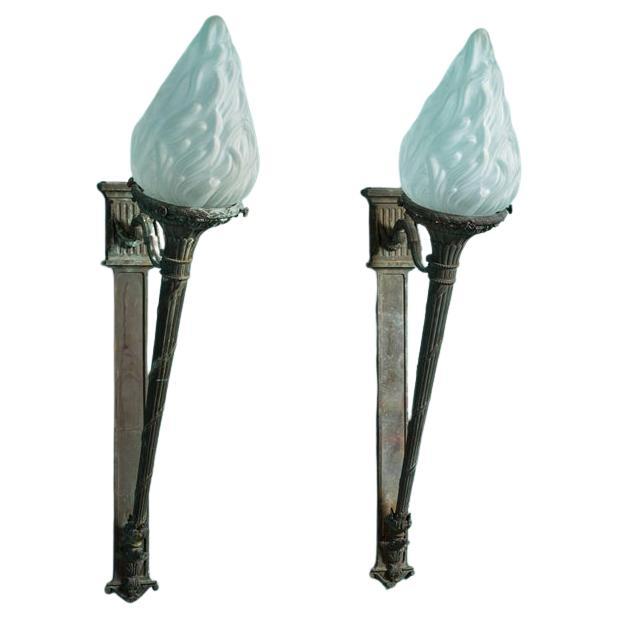 Oversized Pair of Antique Torchiere Wall Sconces For Sale