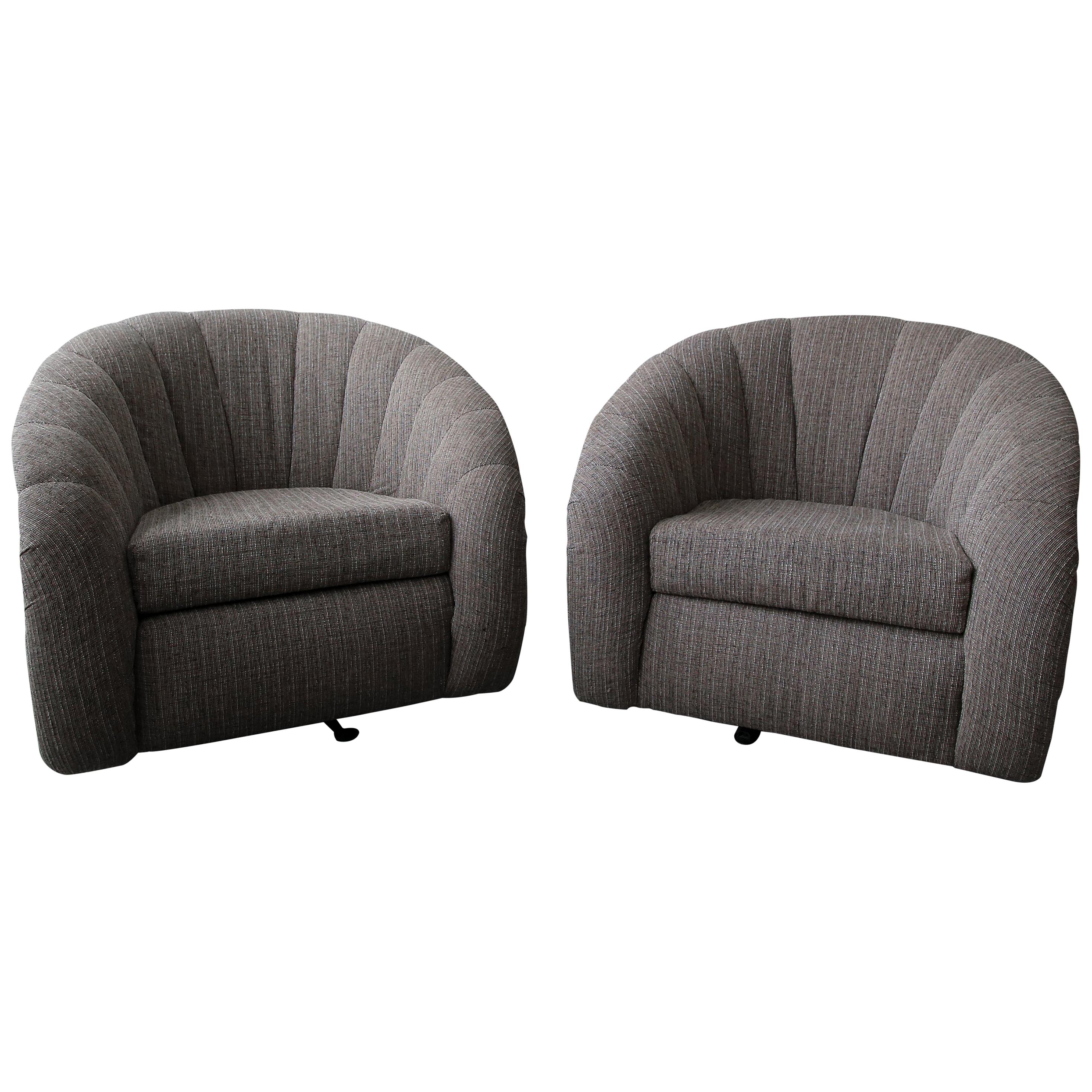 Oversized Pair of Channel Back Barrel Swivel Chairs