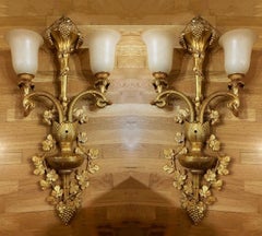Large Pair of French Gilt Bronze Alabaster Two-Light Wall Sconces, Early 20th C.