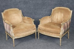 Oversized Pair of Louis XVI Style Distressed Paint Decorated Bergere Chairs
