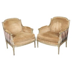 Oversized Pair of Louis XVI Style Distressed Paint Decorated Bergere Chairs