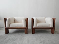 Oversized Pair of Midcentury Angular Solid Walnut Cube Lounge Chairs