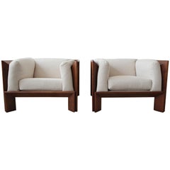 Oversized Pair of Midcentury Angular Solid Walnut Cube Lounge Chairs
