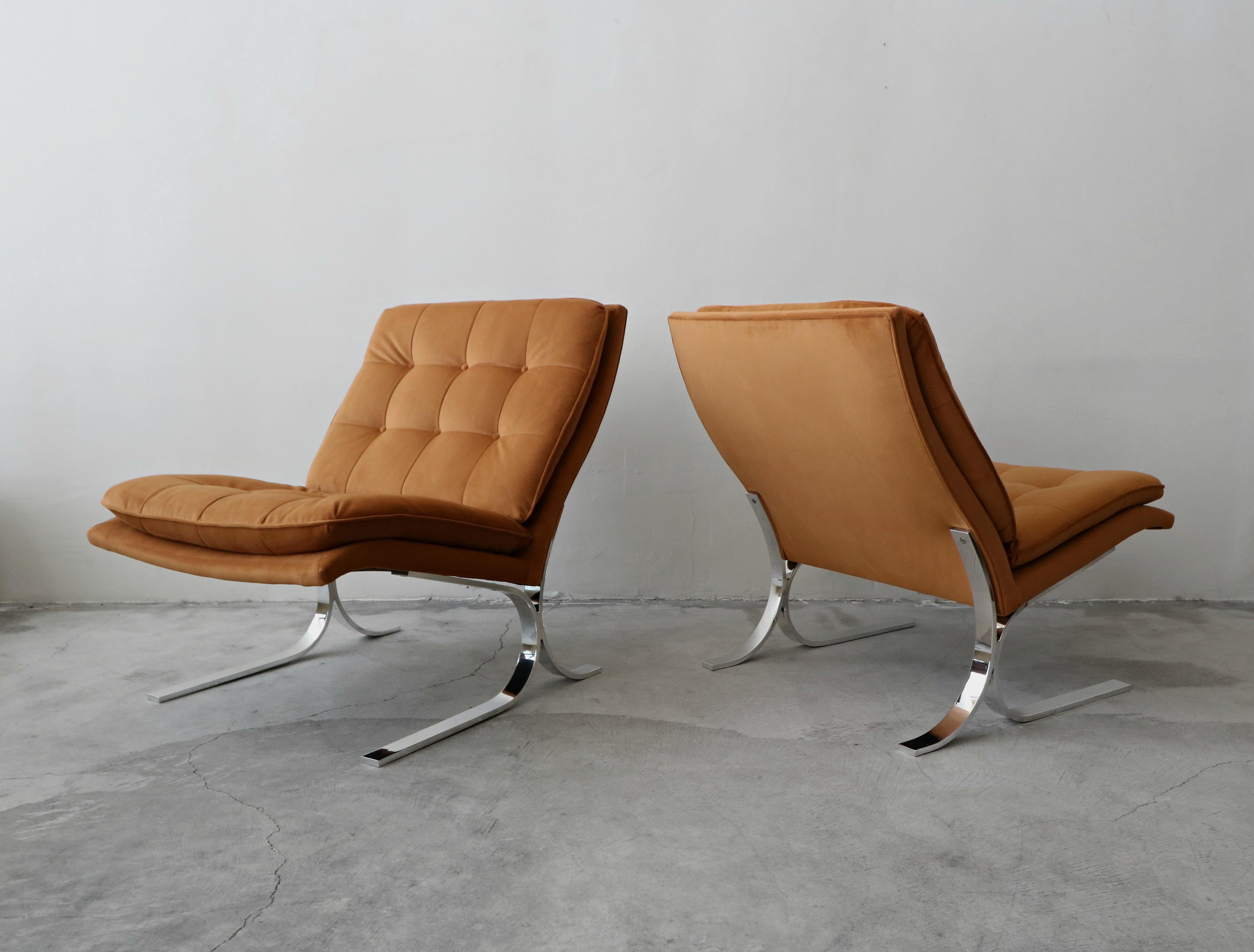 Mid-Century Modern Oversized Pair of Midcentury Chrome Cantilever Slipper Chairs