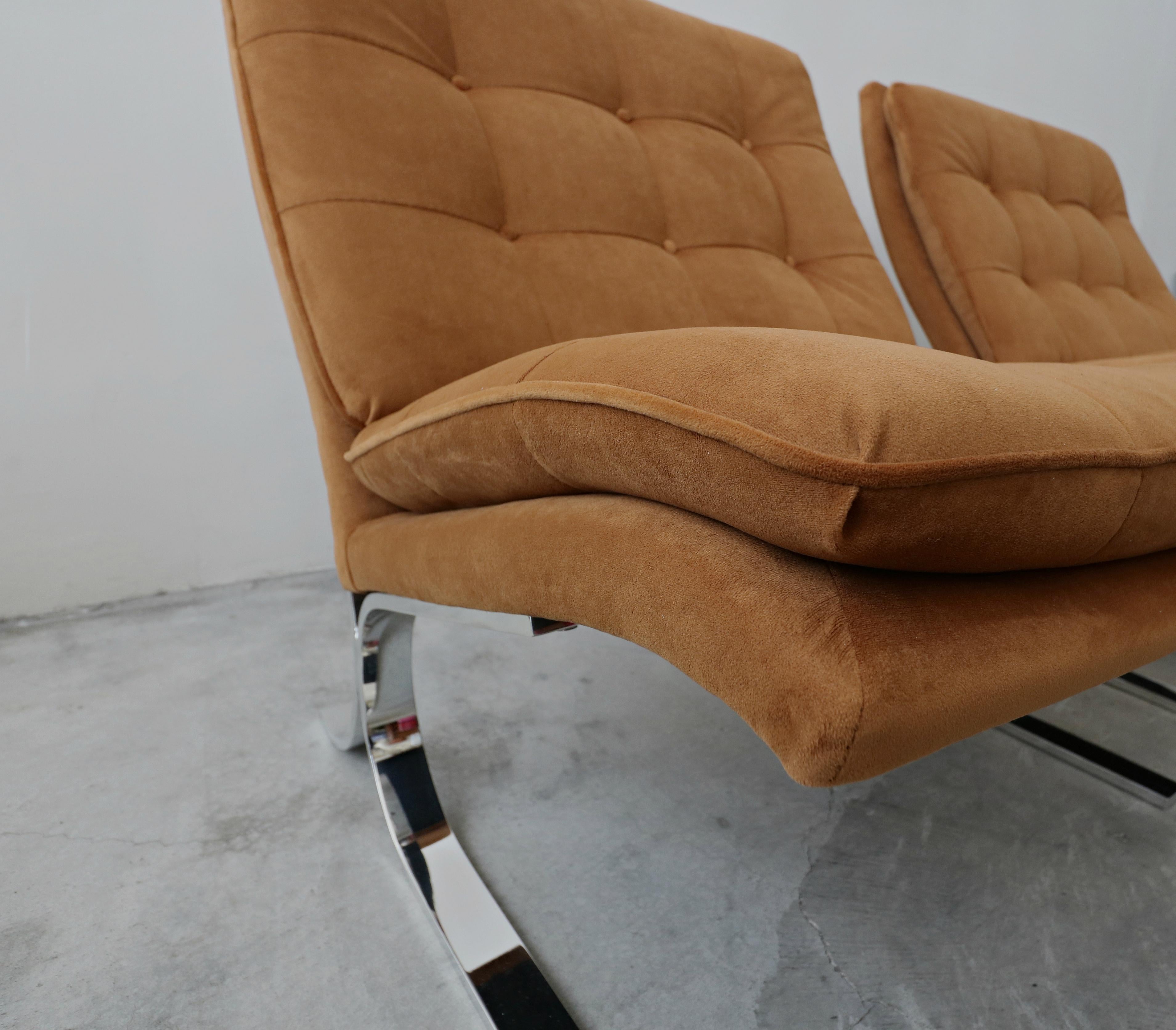 Velvet Oversized Pair of Midcentury Chrome Cantilever Slipper Chairs