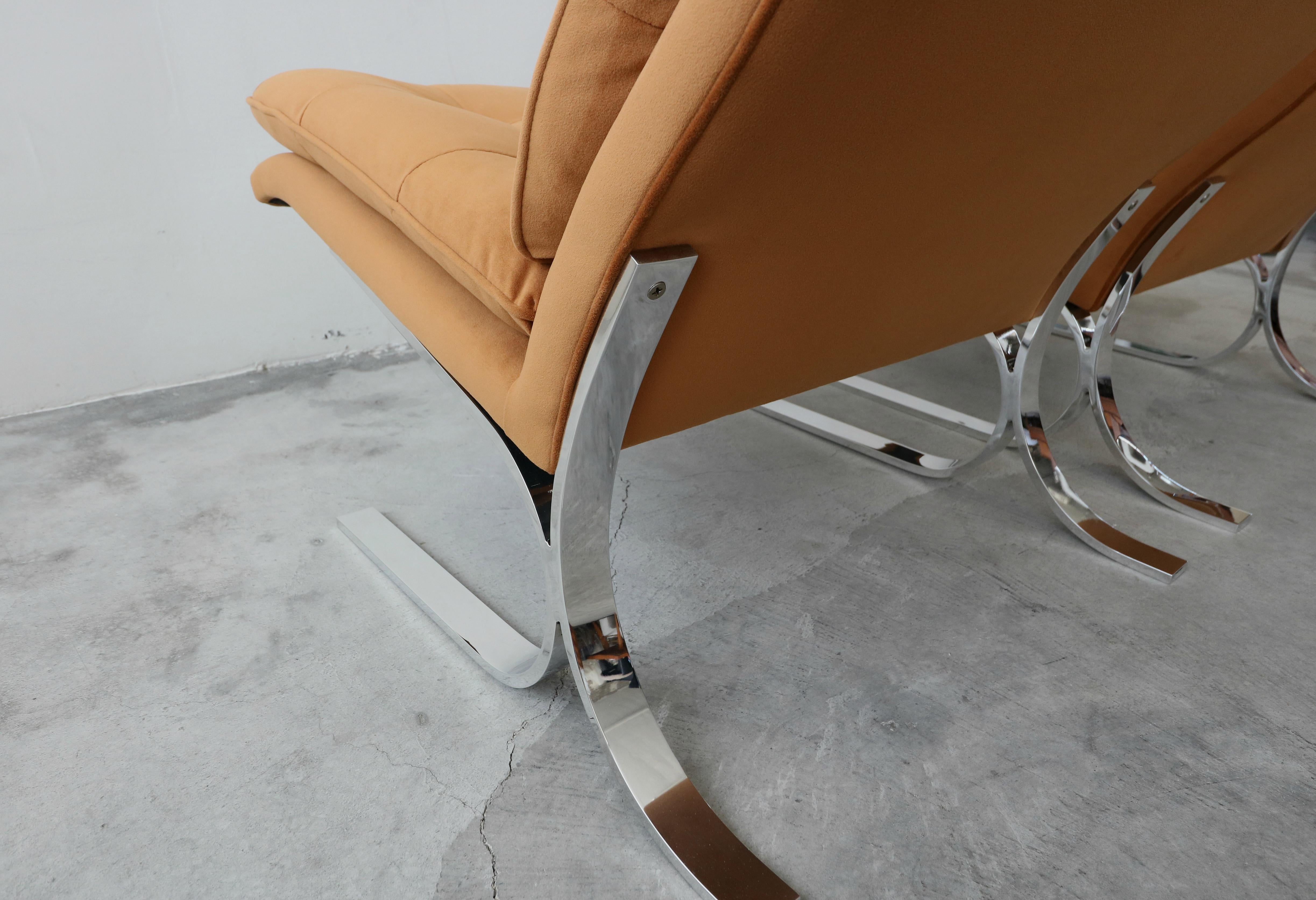 Velvet Oversized Pair of Midcentury Chrome Cantilever Slipper Chairs