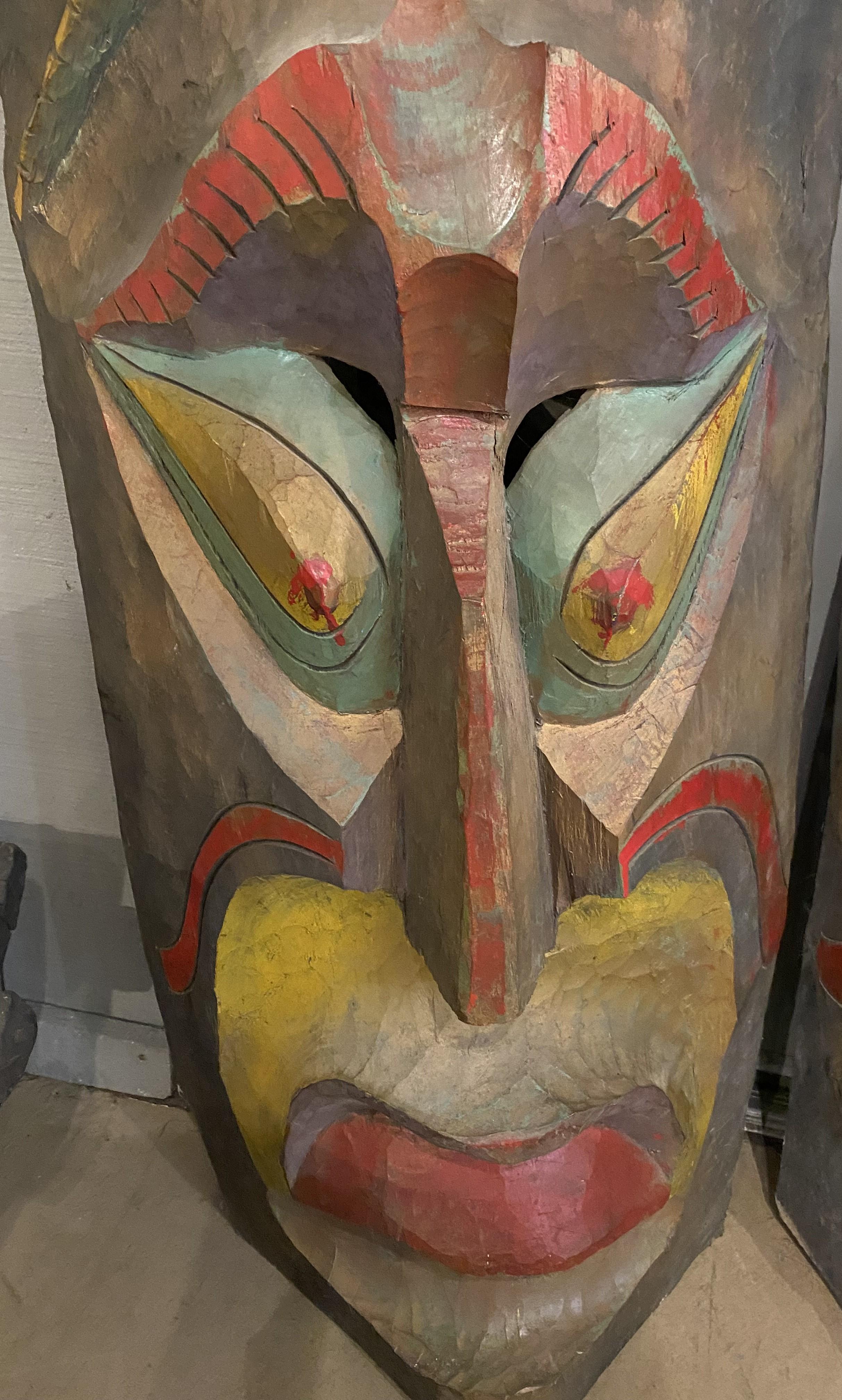 Oceanic Oversized Pair of Vintage  Polychrome Carved Wooden Tiki Mask Wall Hangings For Sale