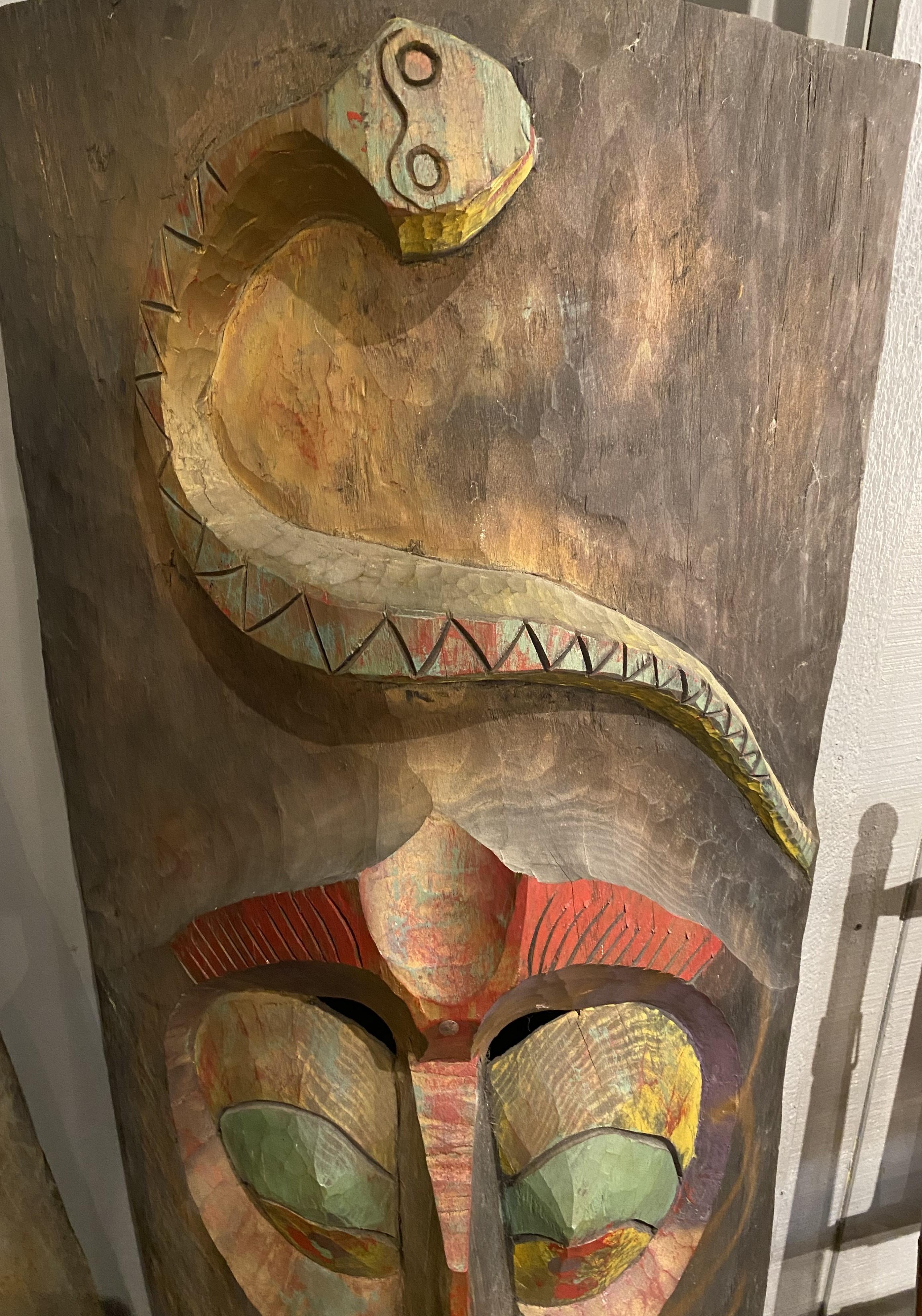 Oversized Pair of Vintage  Polychrome Carved Wooden Tiki Mask Wall Hangings In Good Condition For Sale In Milford, NH