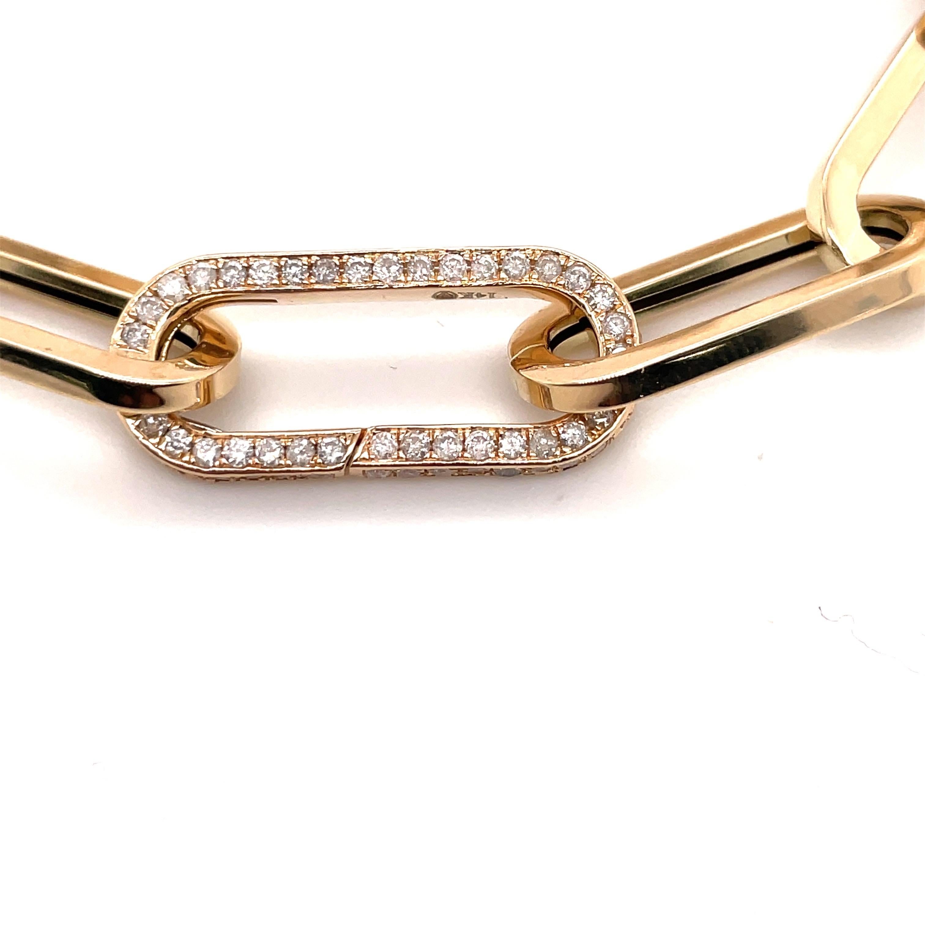 Italienisches flaches Papierclip-Gliederarmband mit Diamantverschluss aus 14 Karat Gelbgold (Rundschliff) im Angebot