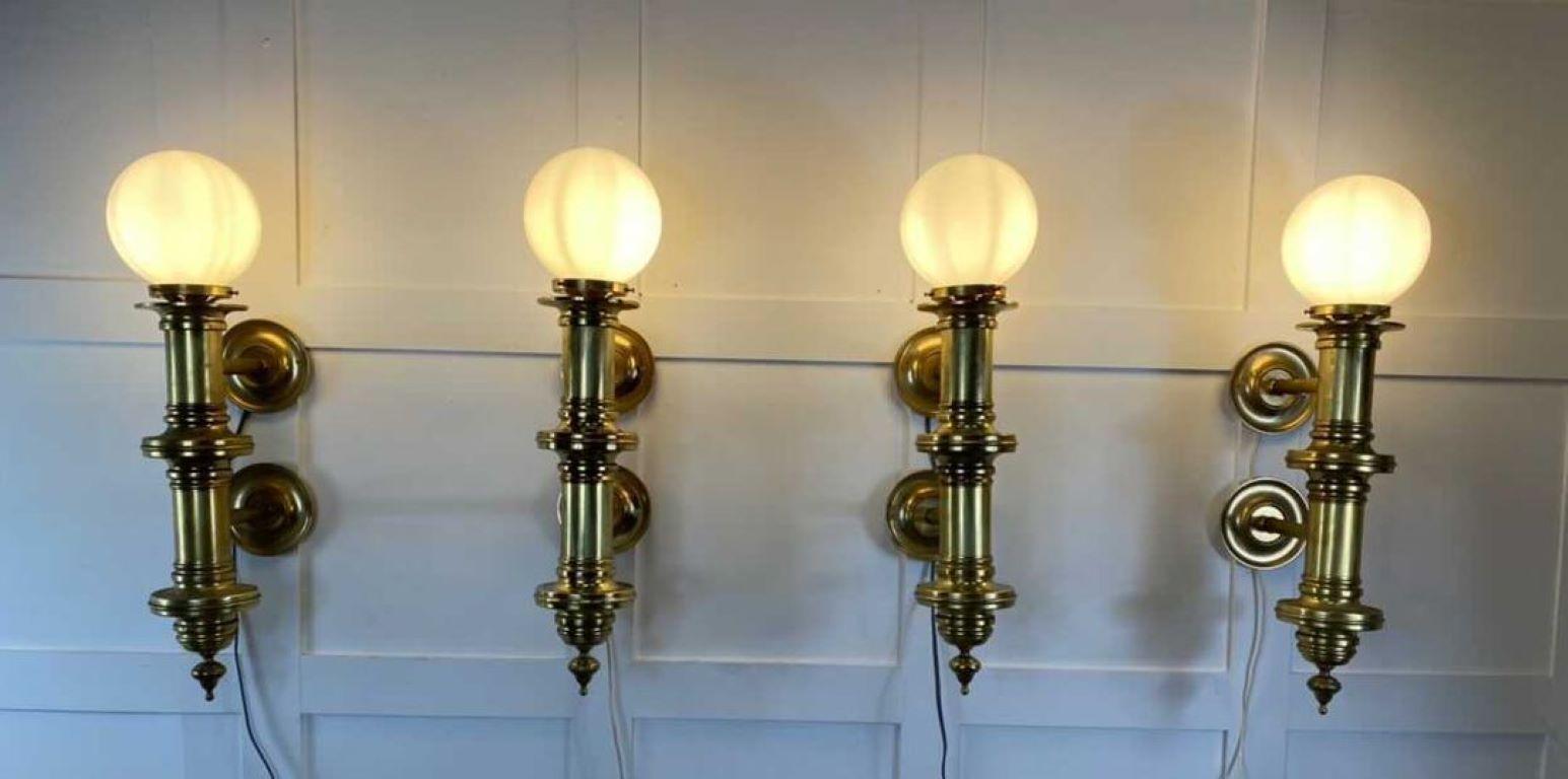 French Oversized Parisian Brass & Opaline Wall Sconces