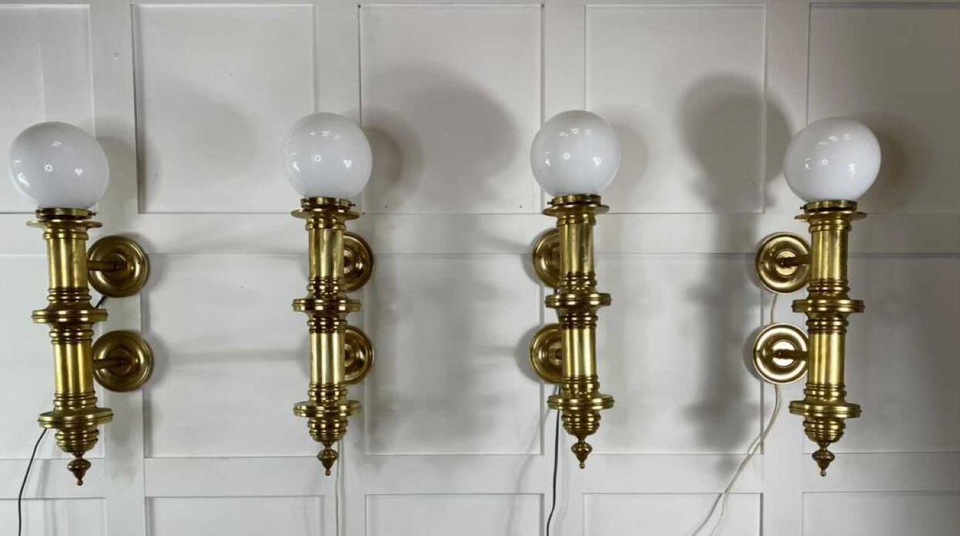 Oversized Parisian Brass & Opaline Wall Sconces In Good Condition In Staffordshire, GB