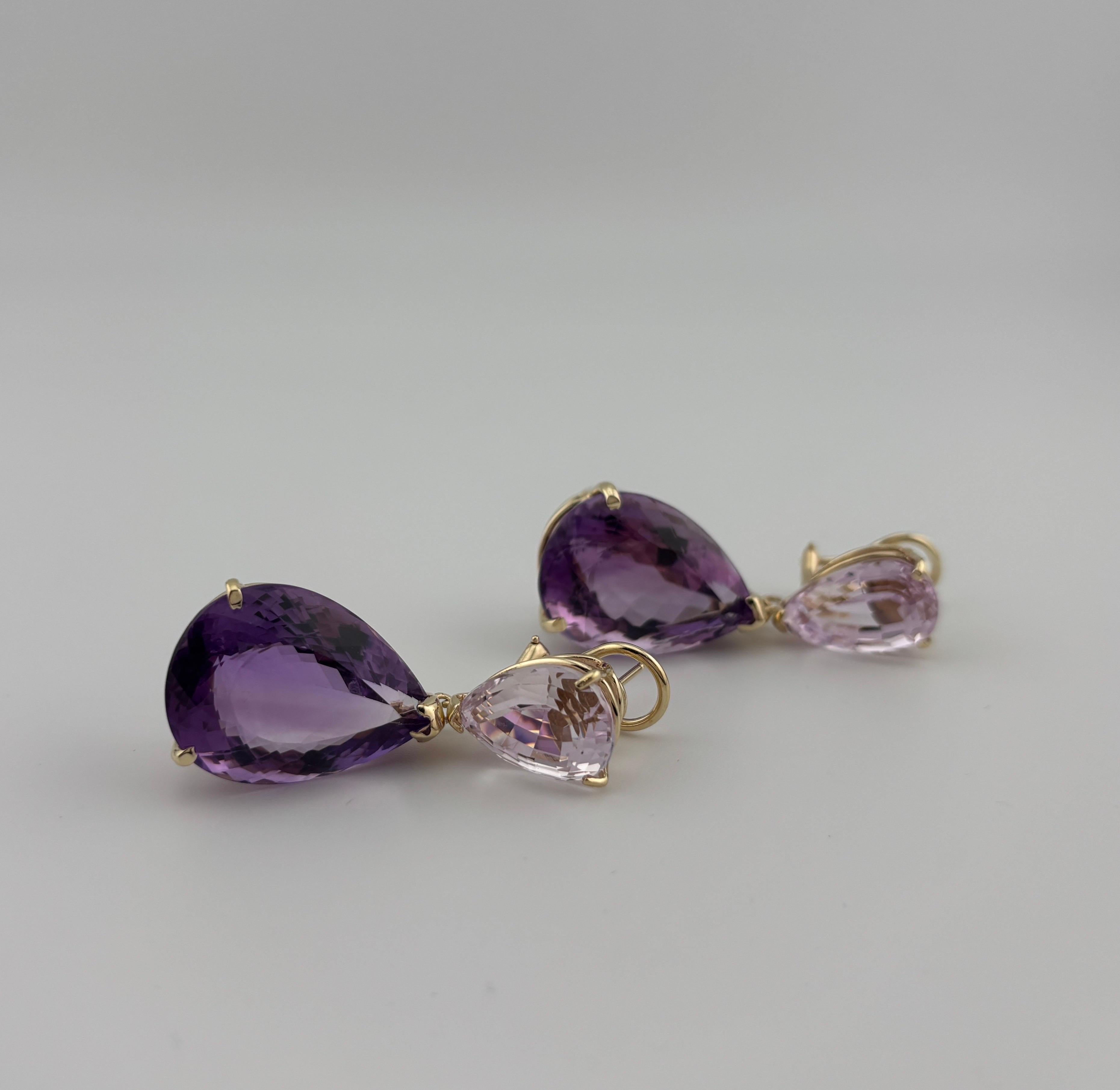 Oversized Pear-Shaped Amethyst & Kunzite 14k Yellow Gold Drop Earrings For Sale 5