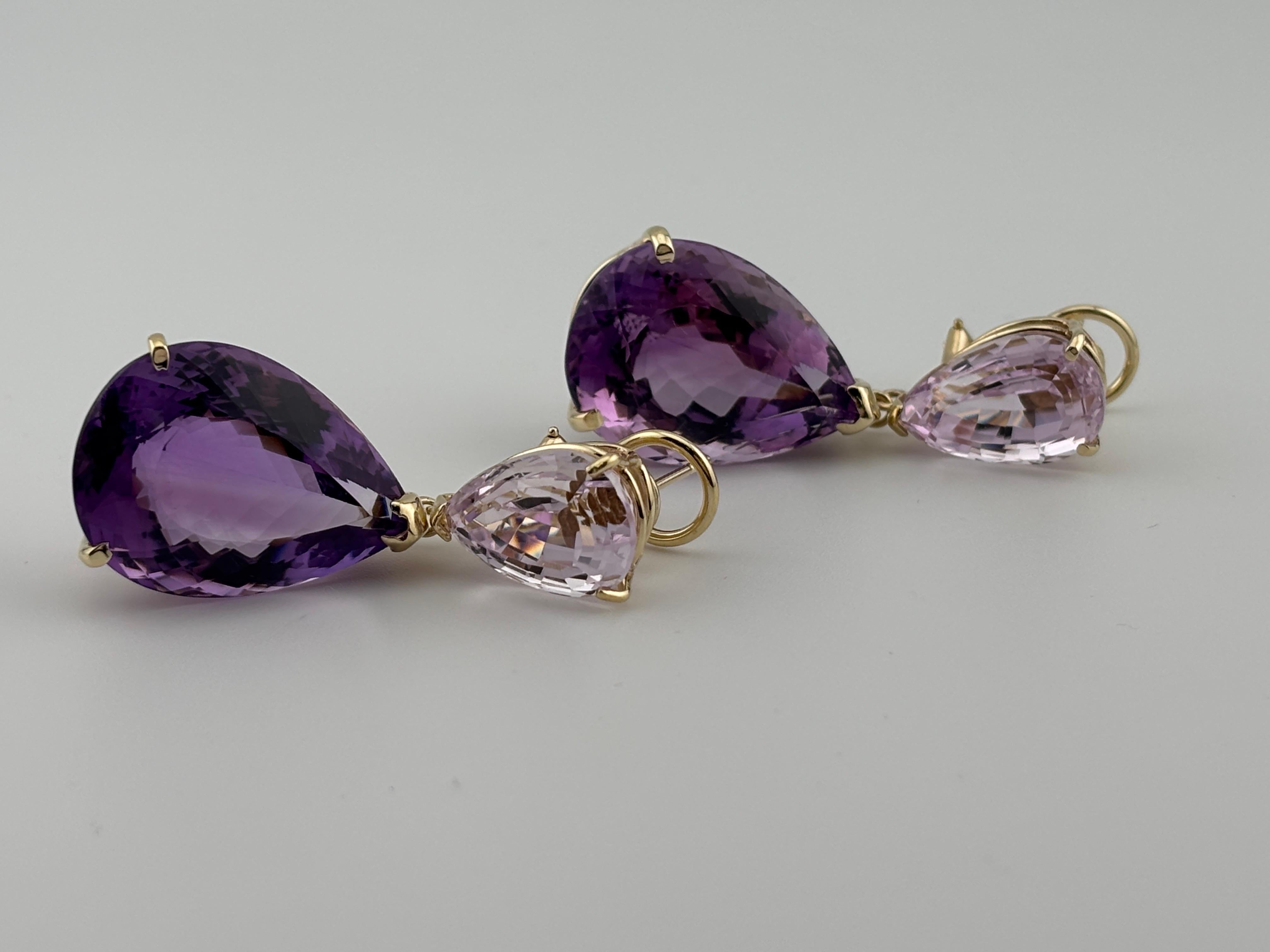 Oversized Pear-Shaped Amethyst & Kunzite 14k Yellow Gold Drop Earrings For Sale 6