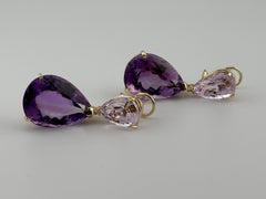 Oversized Pear-Shaped Amethyst & Kunzite 14k Yellow Gold Drop Earrings