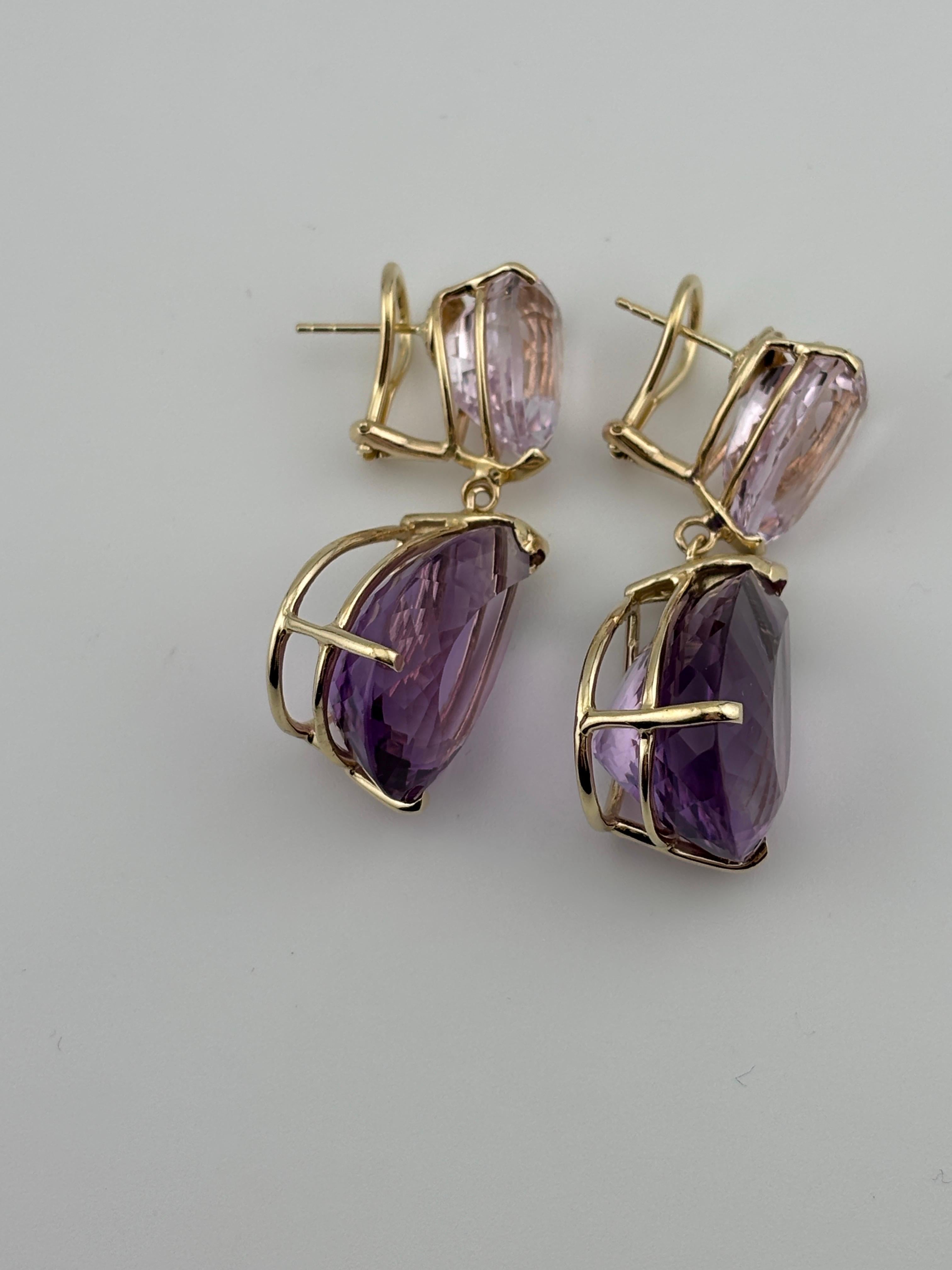 Pear Cut Oversized Pear-Shaped Amethyst & Kunzite 14k Yellow Gold Drop Earrings For Sale