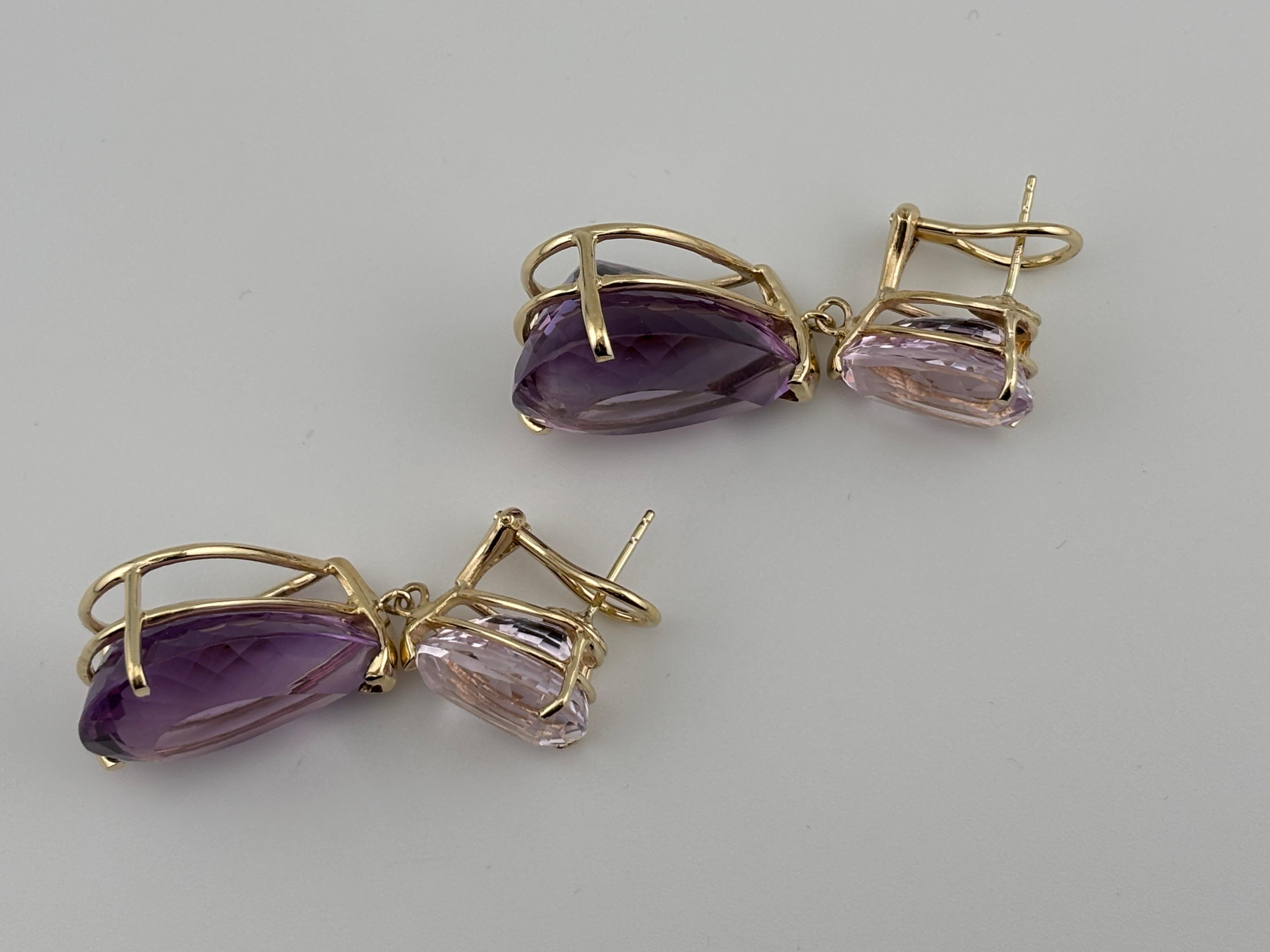 Oversized Pear-Shaped Amethyst & Kunzite 14k Yellow Gold Drop Earrings In Good Condition For Sale In Bernardsville, NJ