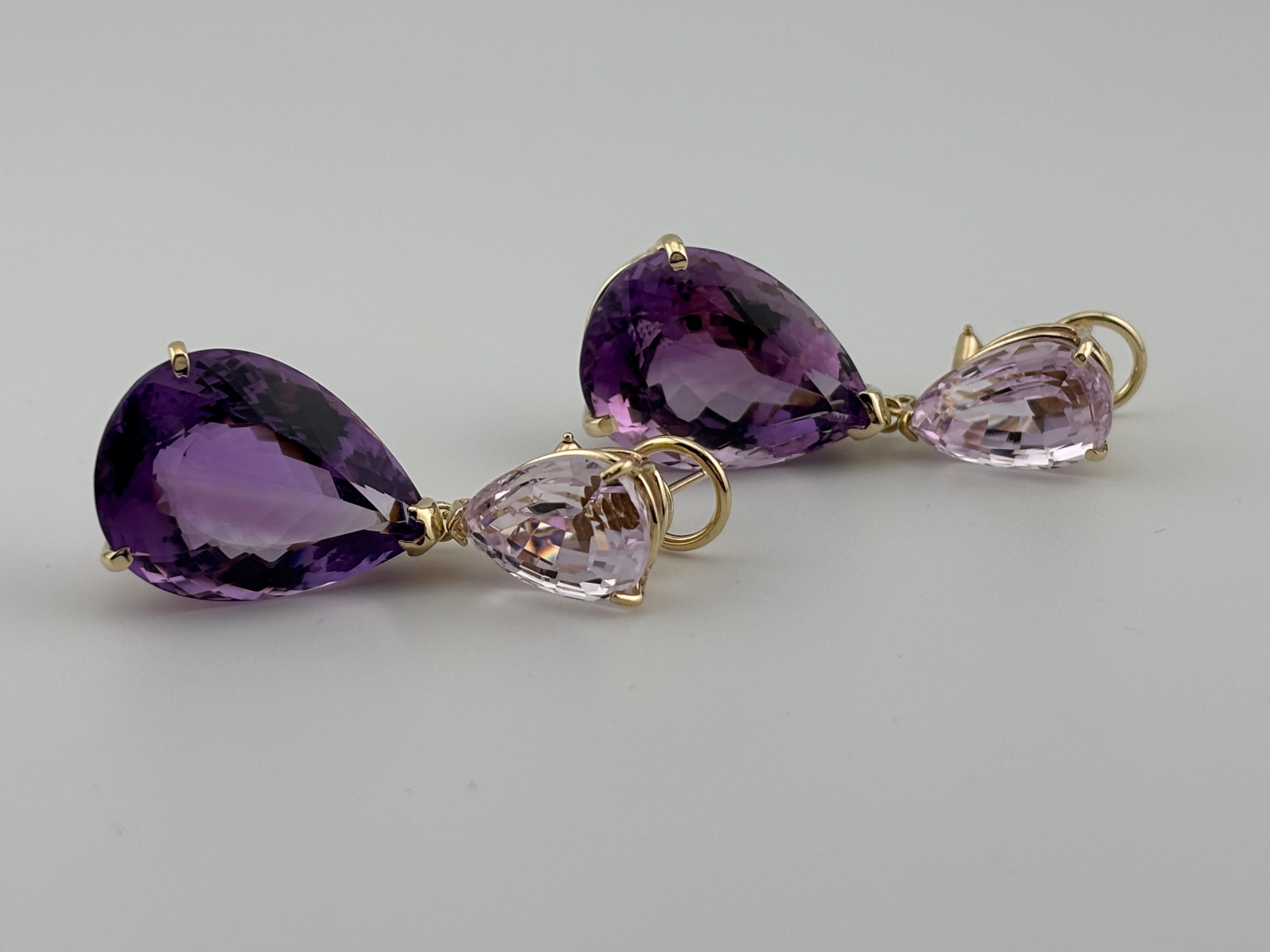 Women's or Men's Oversized Pear-Shaped Amethyst & Kunzite 14k Yellow Gold Drop Earrings For Sale