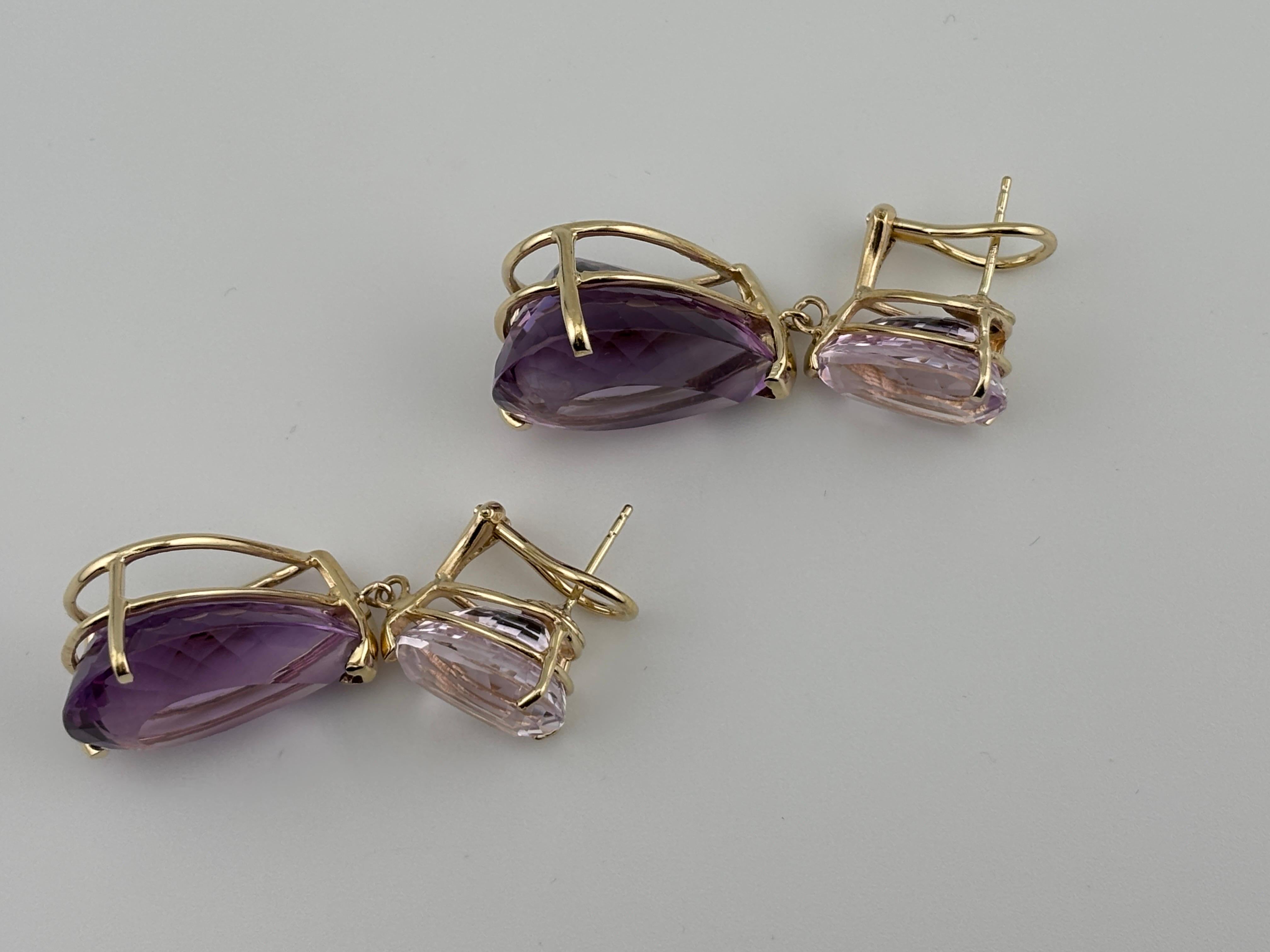 Oversized Pear-Shaped Amethyst & Kunzite 14k Yellow Gold Drop Earrings For Sale 2