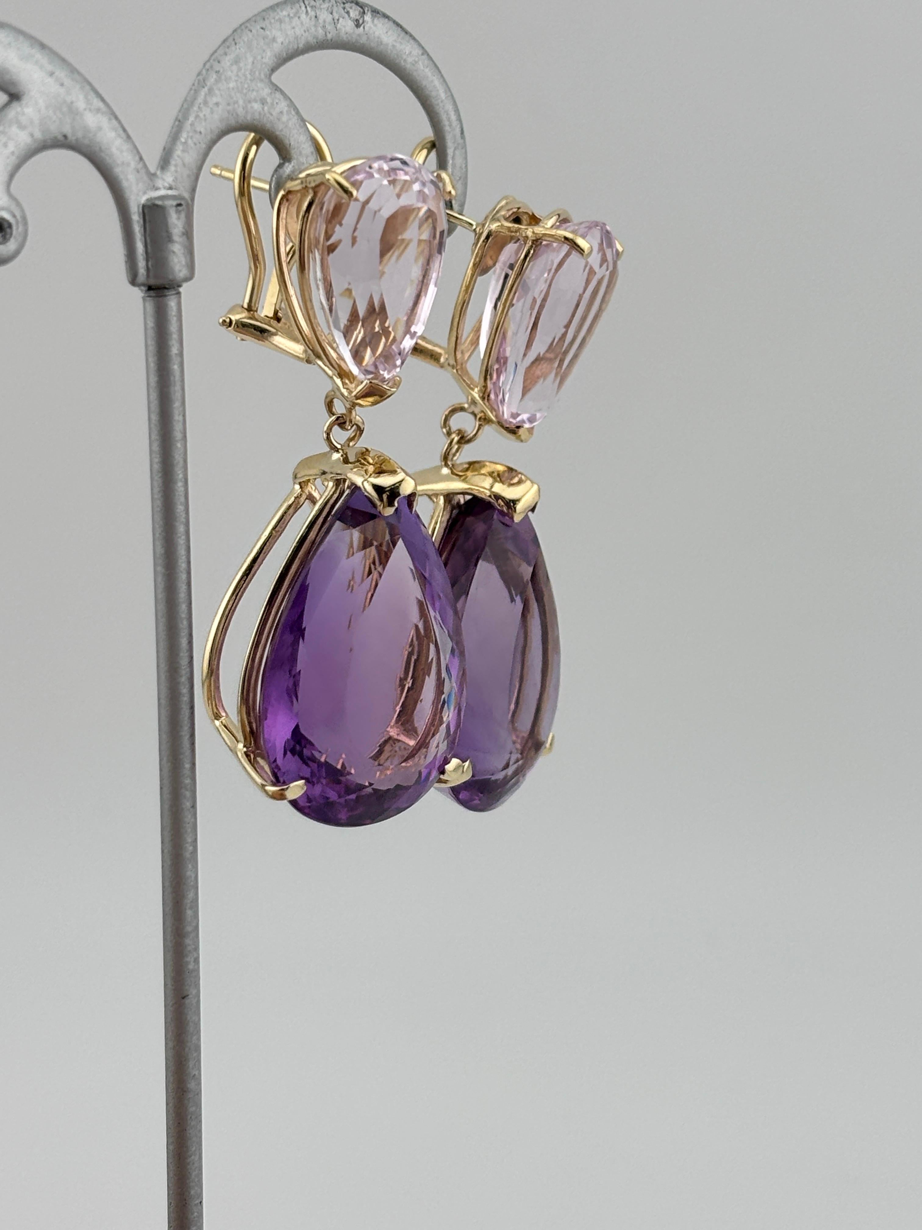 Oversized Pear-Shaped Amethyst & Kunzite 14k Yellow Gold Drop Earrings For Sale 4