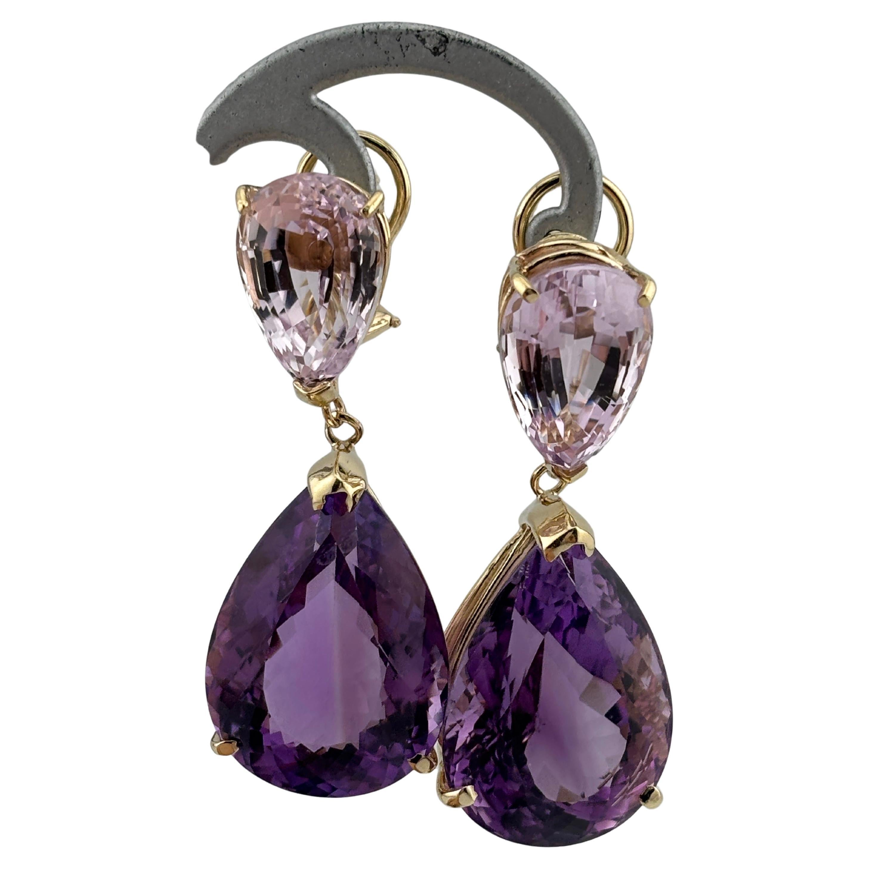 Oversized Pear-Shaped Amethyst & Kunzite 14k Yellow Gold Drop Earrings For Sale