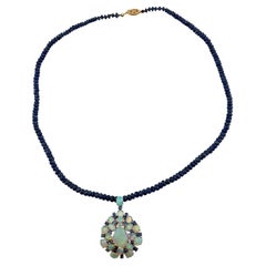 Oversized Pear Shaped Opal Pendant On Sapphire Chain 14k Gold Necklace