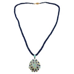 Oversized Pear Shaped Opal Pendant On Sapphire Chain 14k Gold Necklace Oversized Pear Shaped Opal Pendant On Sapphire Chain 14k Gold Necklace