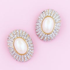 Oversized Pearl Cabochon And Crystal Pavé Statement Earrings, 1980s