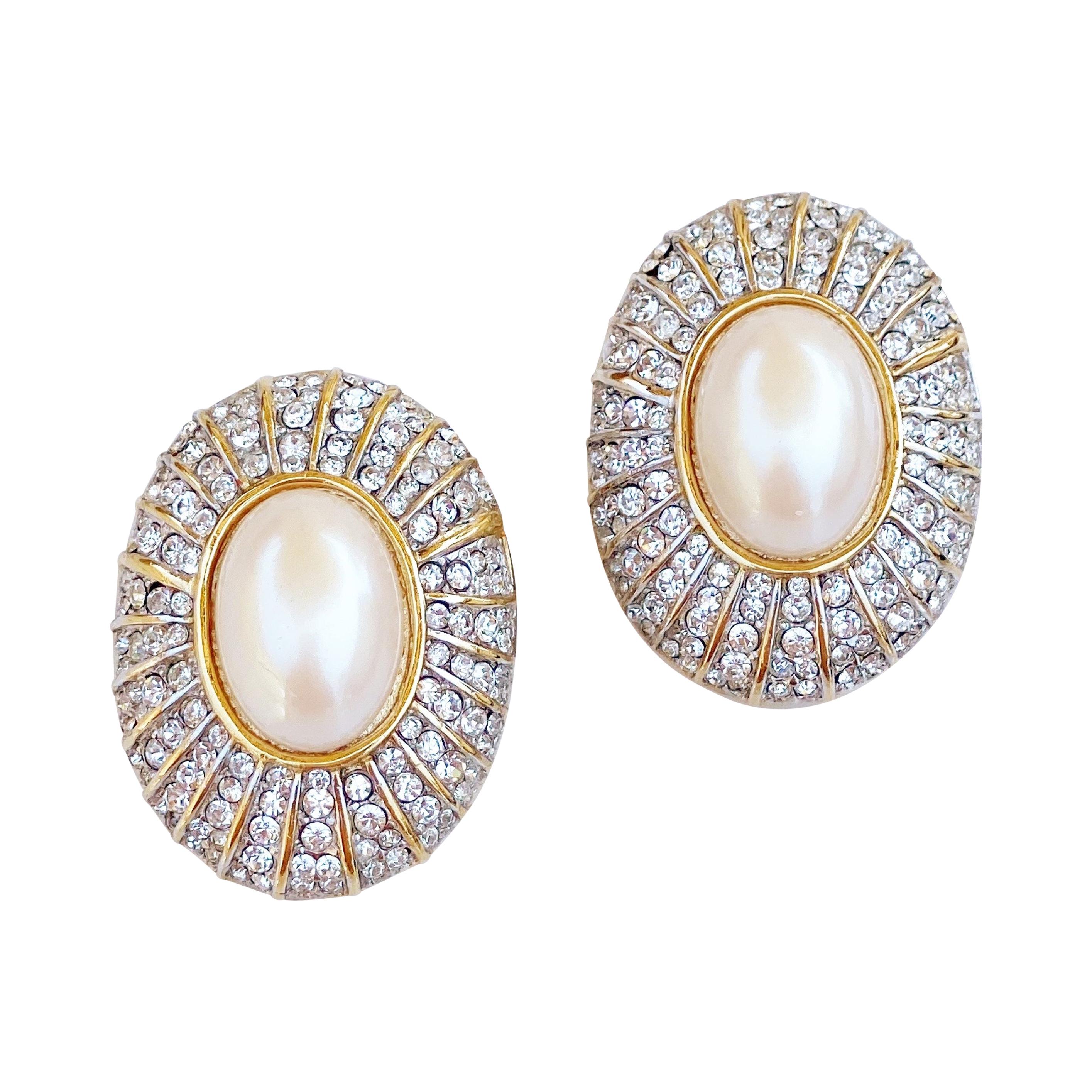 Oversized Pearl Cabochon And Crystal Pavé Statement Earrings, 1980s For Sale