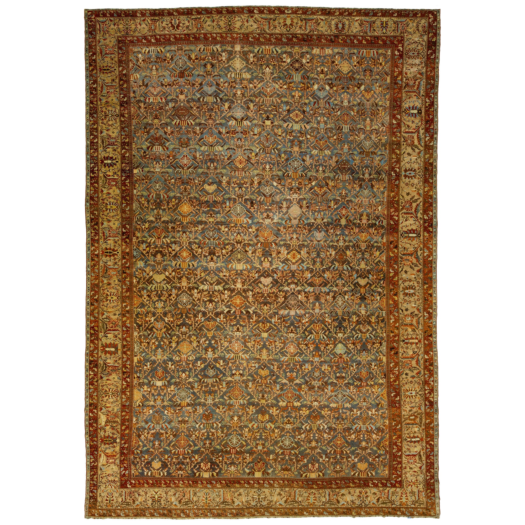 Tapis persan Bakhtiari surdimensionné en laine bleue, fabriqué à la main dans les années 1900