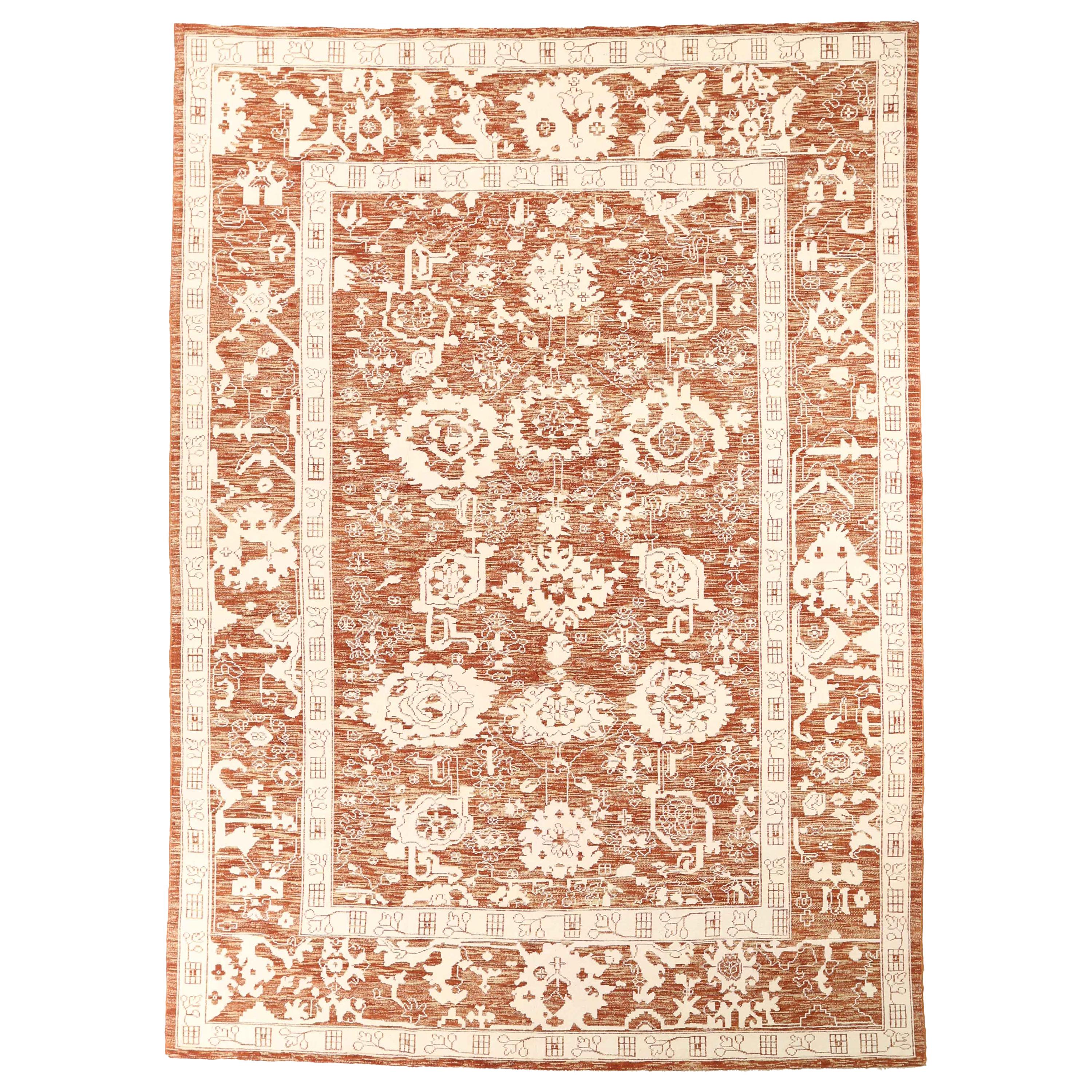 Oversized Persian Oushak Rug with Rust-Colored Field and White Floral Details