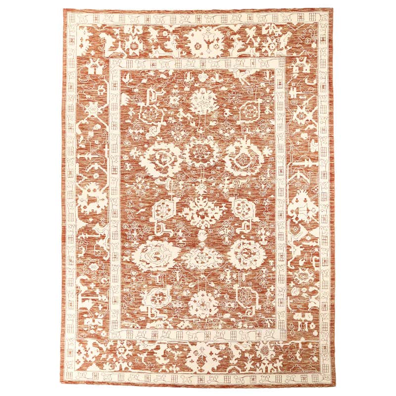 Oversized Persian Oushak Rug with Rust-Colored Field and White Floral ...