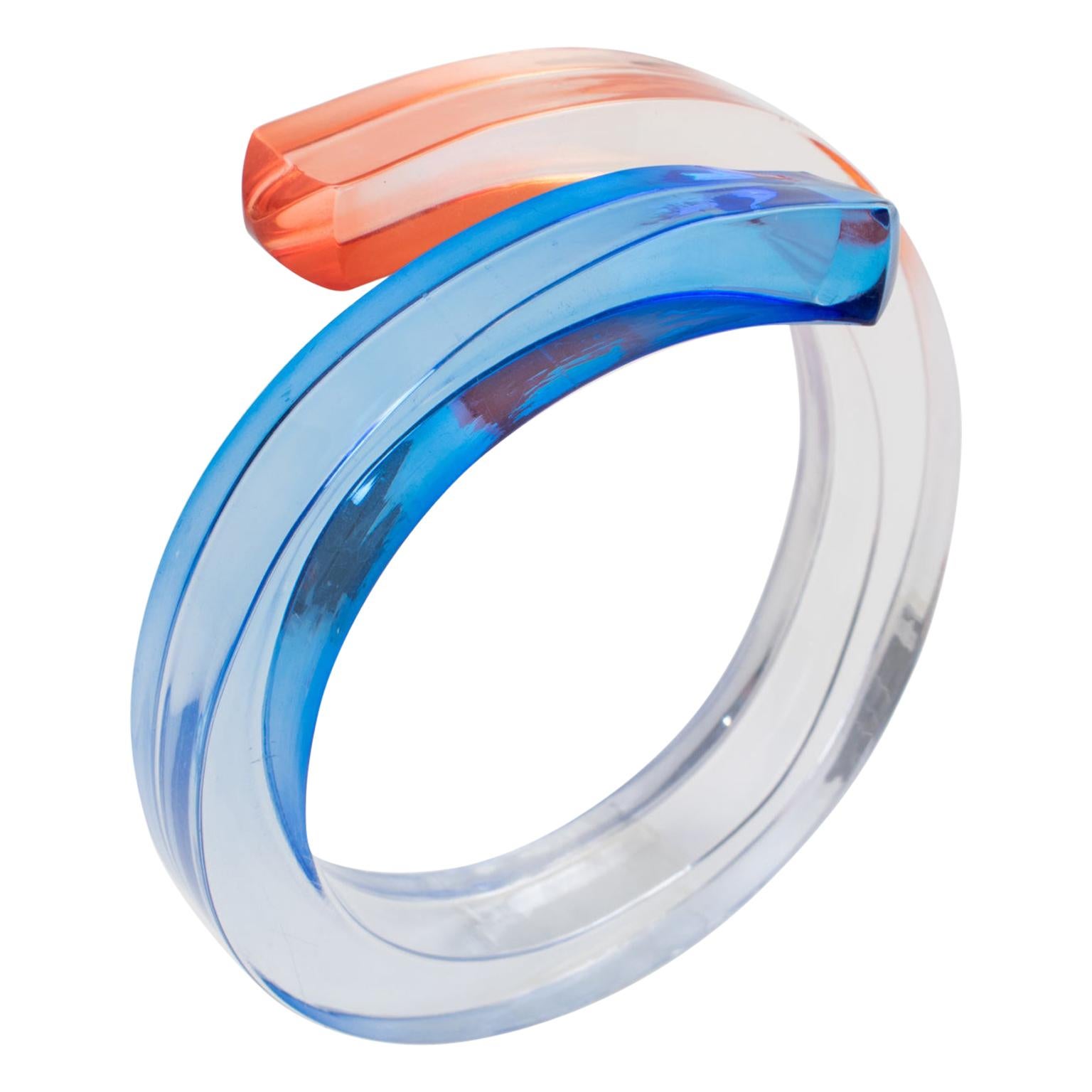 Oversized Pink and Blue Lucite Coiled Bangle Bracelet For Sale