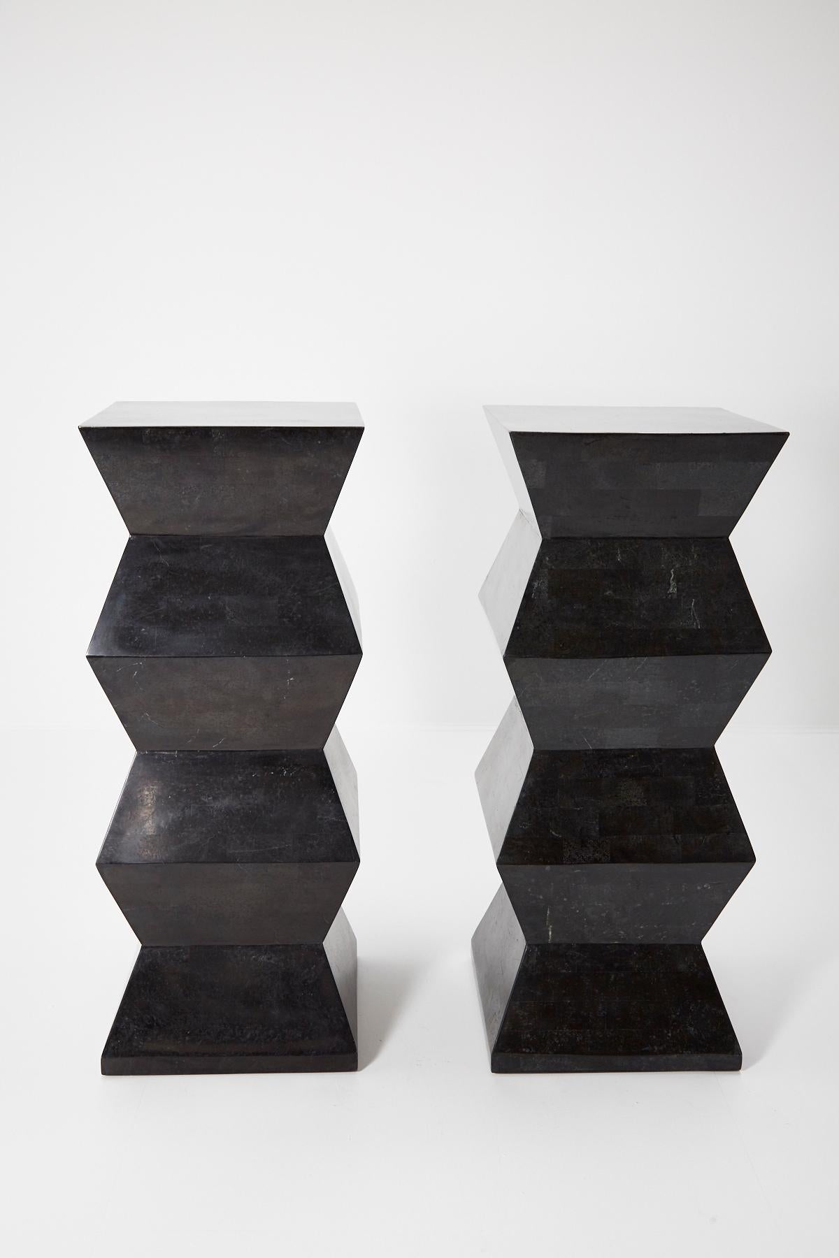 Inlay Oversized Postmodern Tessellated Black Stone Accordion Pedestal, 1990s