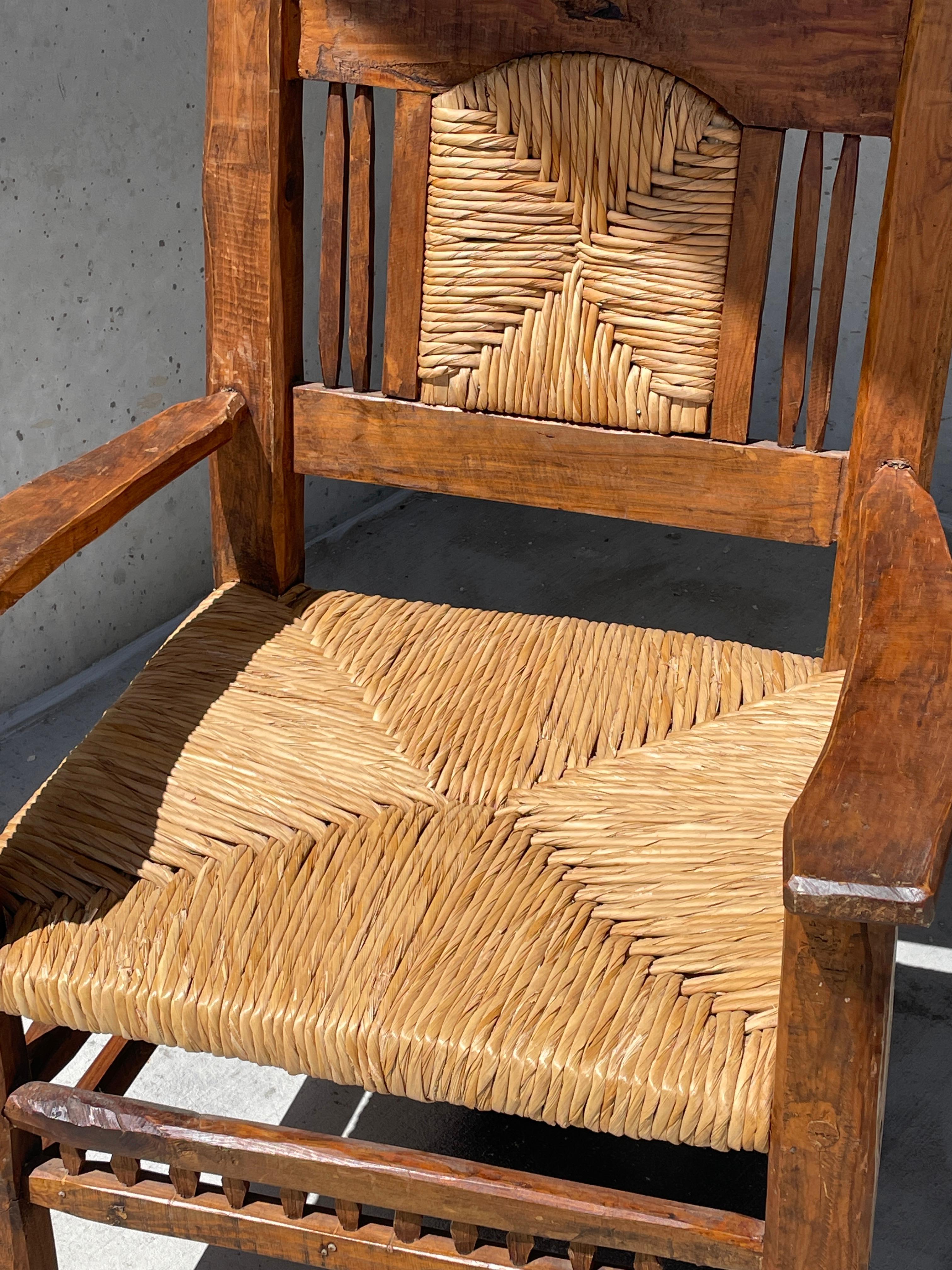Mid-20th Century Oversized Primitive Seagrass and Wood Armchair